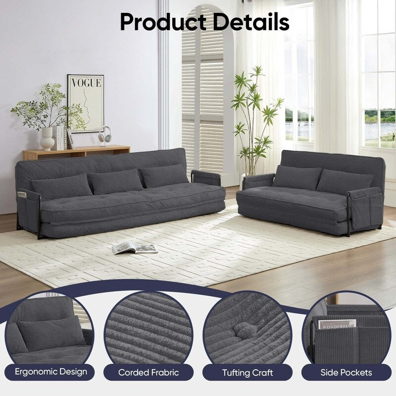 Mixoy Muti-Functional Folding Floor Sofa Bed,3-Seater with Loveseat Lazy Sofa,6 Position Adjustable Backrest