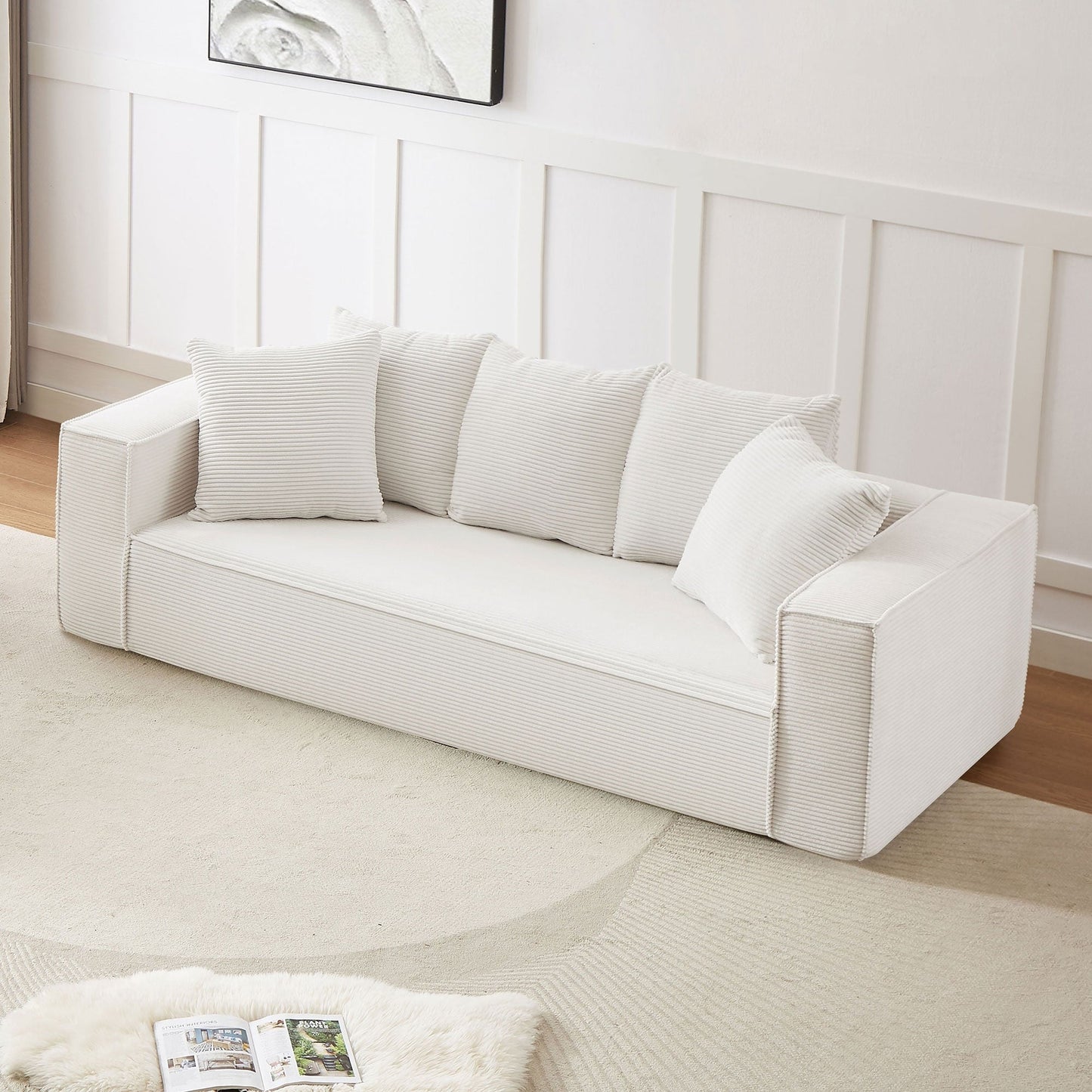 Modern 88.97 Corduroy Upholstered 3-seater Floor Sofa with 5 Matching Toss Pillows for Living Room