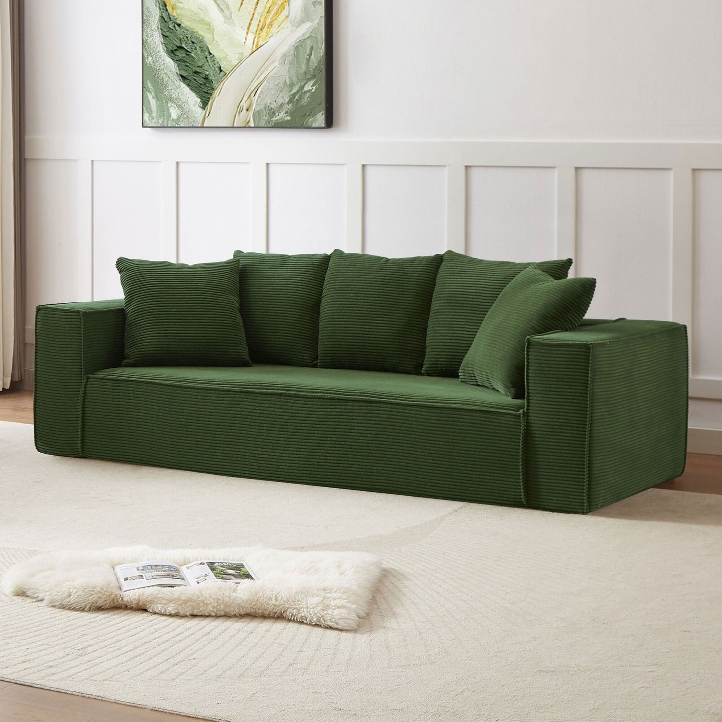 Modern 88.97 Corduroy Upholstered 3-seater Floor Sofa with 5 Matching Toss Pillows for Living Room
