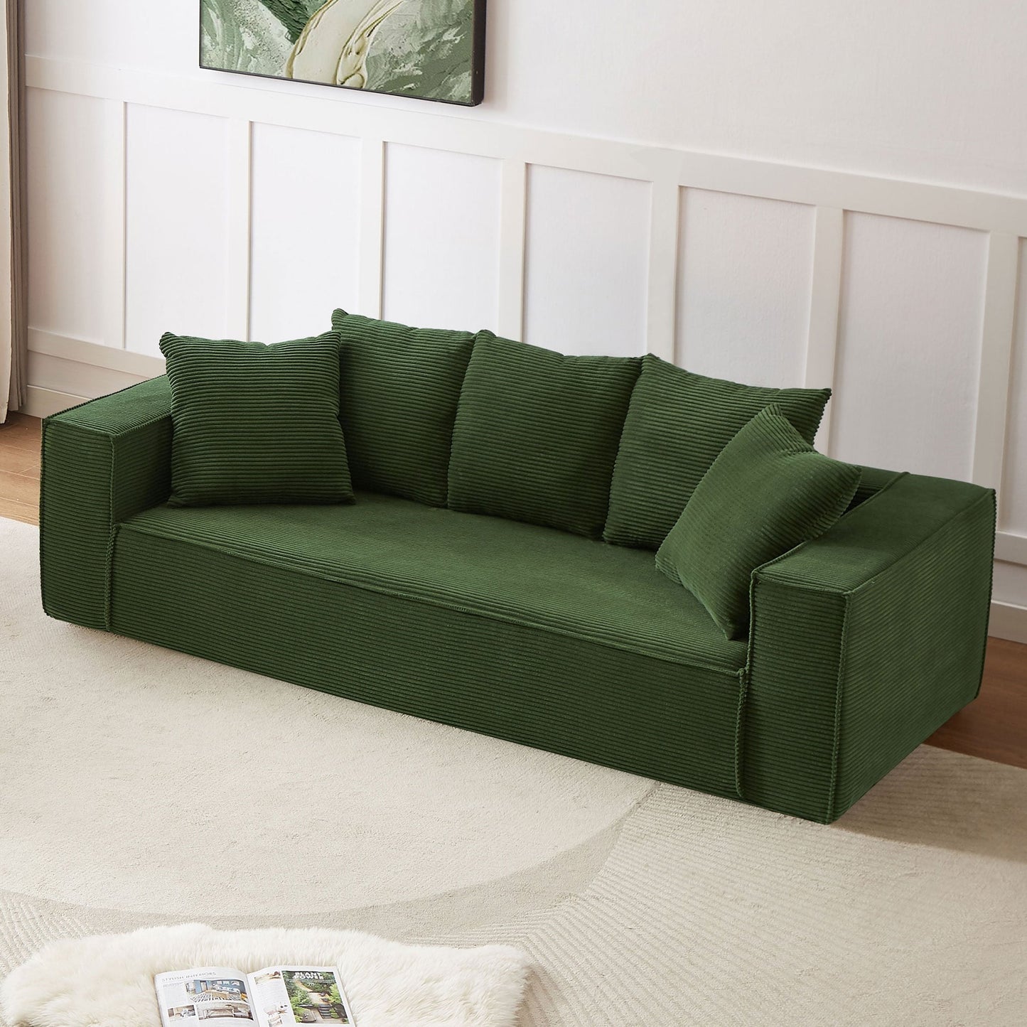 Modern 88.97 Corduroy Upholstered 3-seater Floor Sofa with 5 Matching Toss Pillows for Living Room