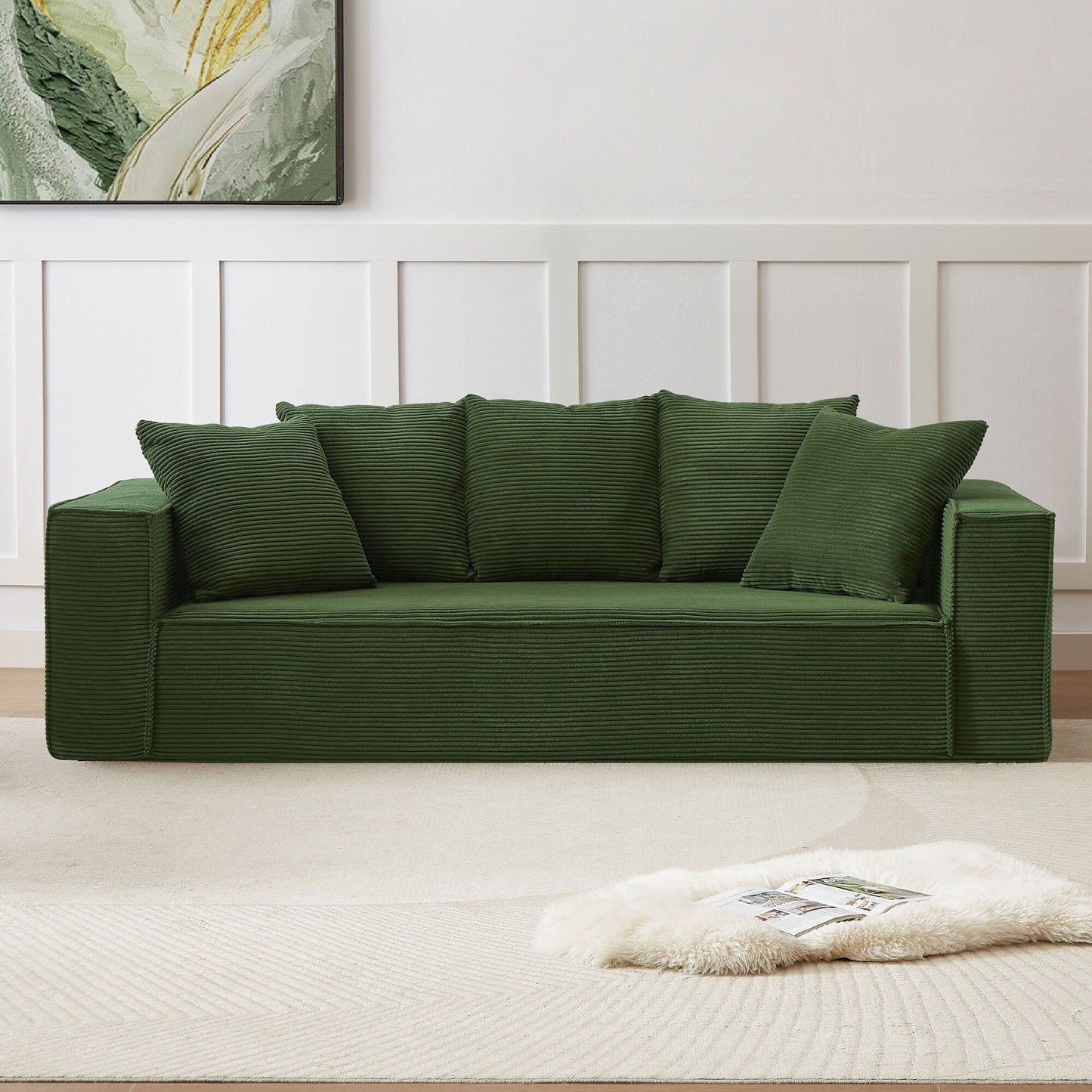 Modern 88.97 Corduroy Upholstered 3-seater Floor Sofa with 5 Matching Toss Pillows for Living Room