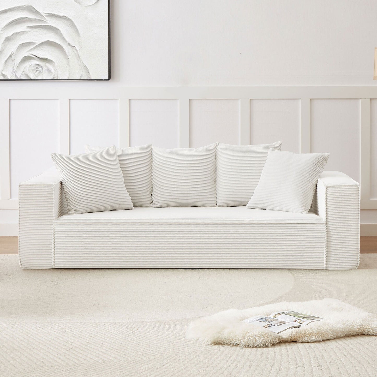 Modern 88.97 Corduroy Upholstered 3-seater Floor Sofa with 5 Matching Toss Pillows for Living Room