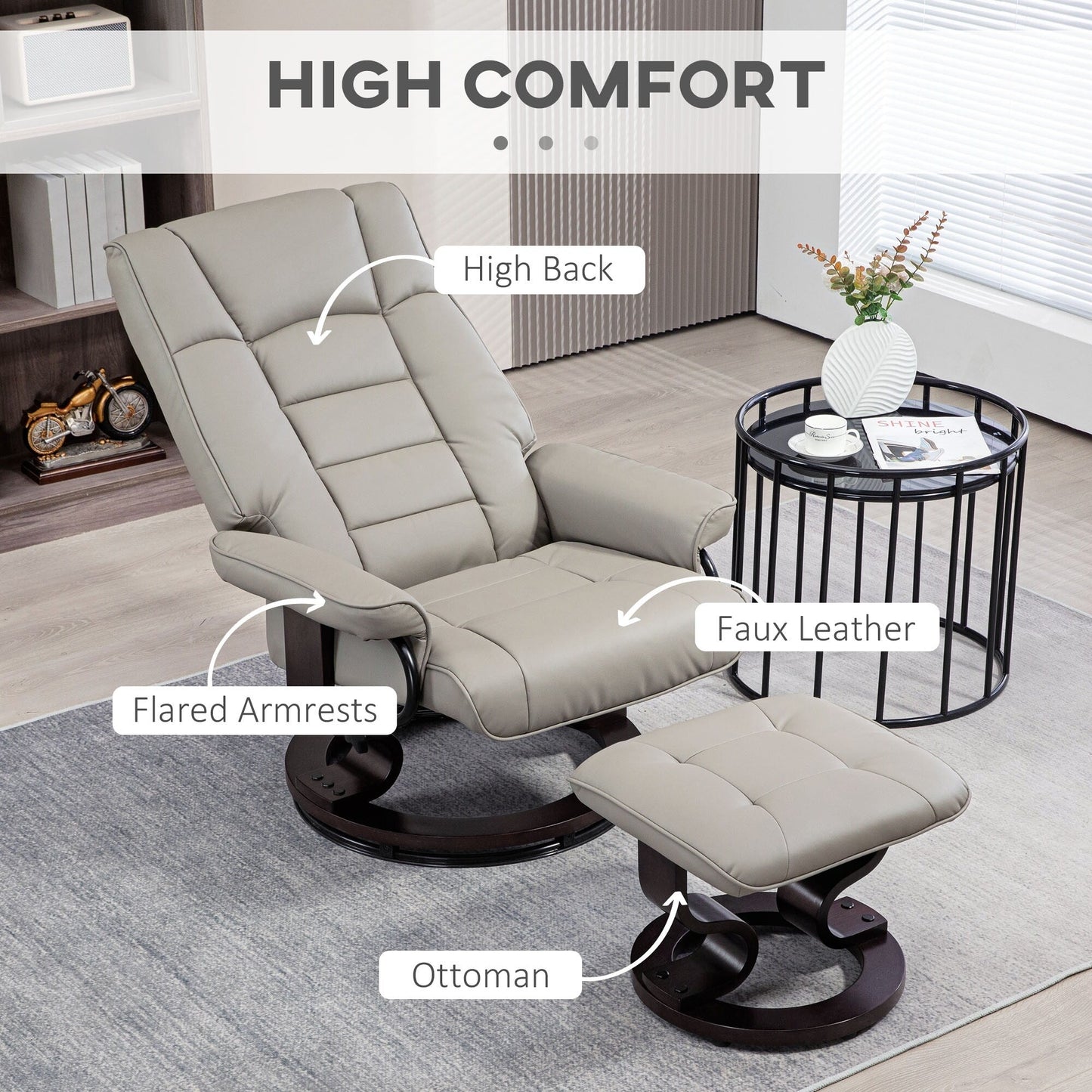 Modern Adjustable Backrest Office Chair 360° Swivel Manual Recliner Chair Wood Frame Lounge Chair with Ottoman