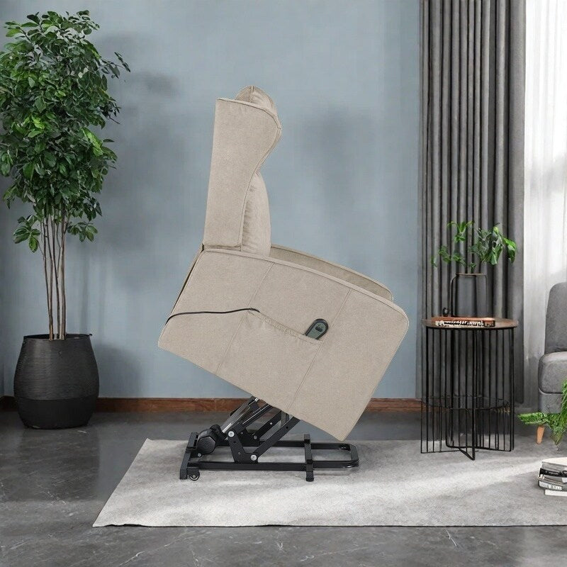 Modern Adjustable Power Lift Recliner Chair Linen Single Armchair with Remote Control and Side Pocket, Telescopic Footrest