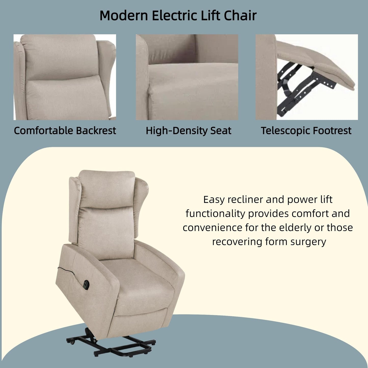 Modern Adjustable Power Lift Recliner Chair Linen Single Armchair with Remote Control and Side Pocket, Telescopic Footrest