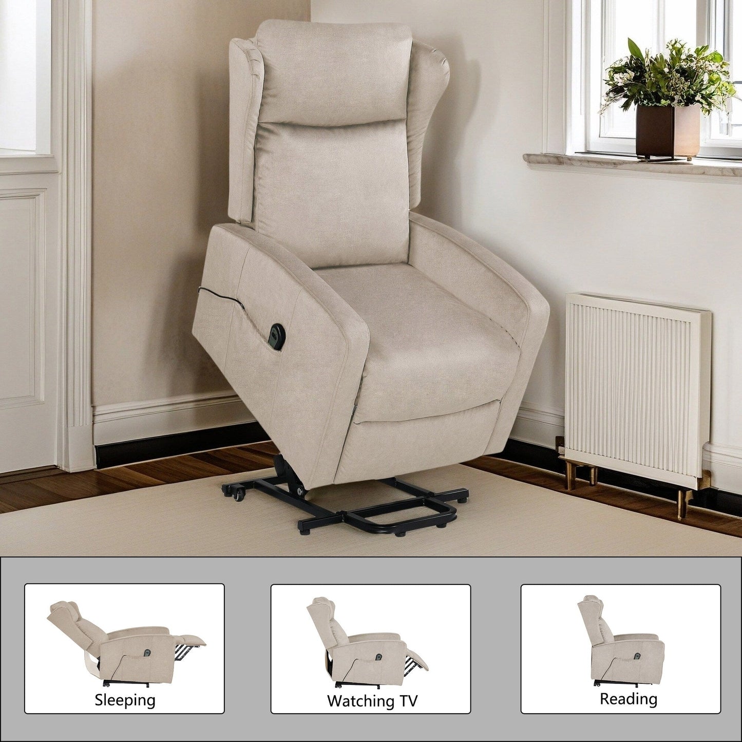 Modern Adjustable Power Lift Recliner Chair Linen Single Armchair with Remote Control and Side Pocket, Telescopic Footrest