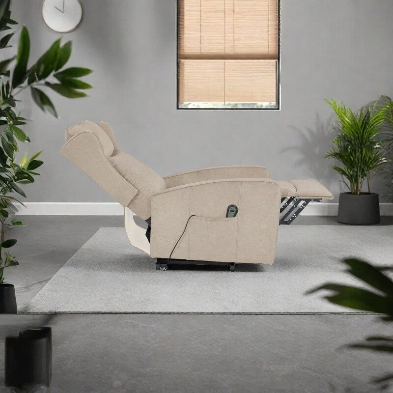 Modern Adjustable Power Lift Recliner Chair Linen Single Armchair with Remote Control and Side Pocket, Telescopic Footrest
