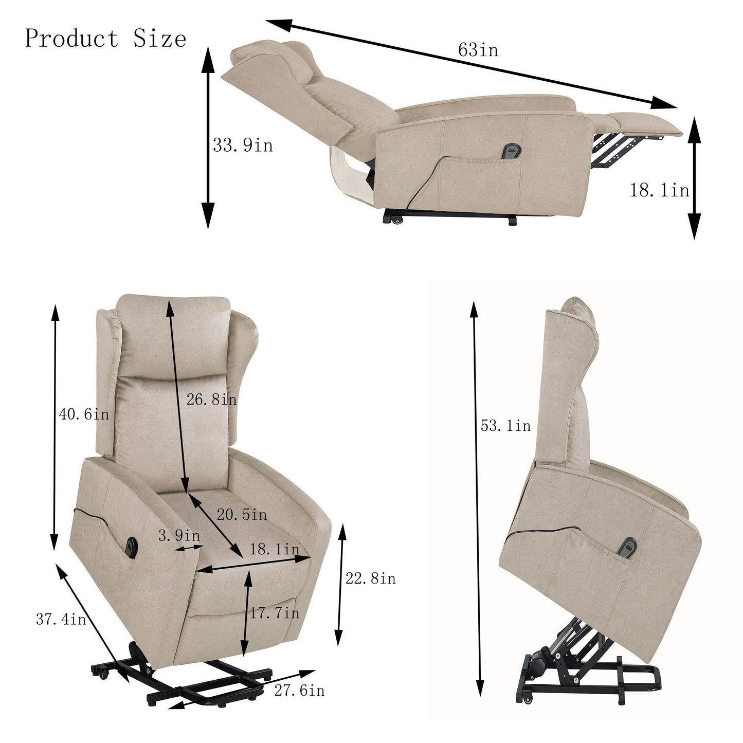 Modern Adjustable Power Lift Recliner Chair Linen Single Armchair with Remote Control and Side Pocket, Telescopic Footrest
