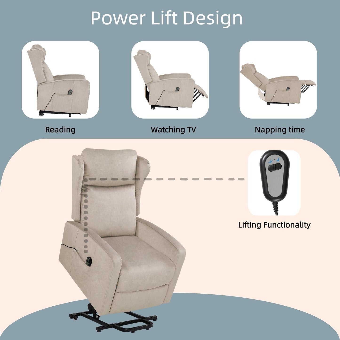 Modern Adjustable Power Lift Recliner Chair Linen Single Armchair with Remote Control and Side Pocket, Telescopic Footrest