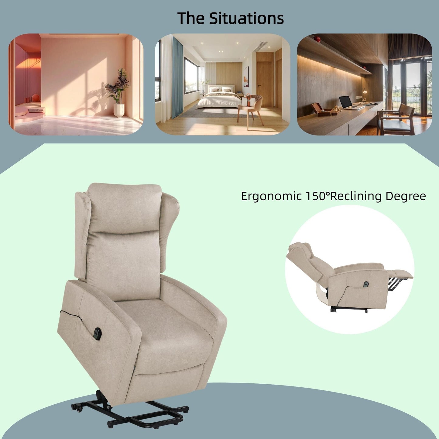 Modern Adjustable Power Lift Recliner Chair Linen Single Armchair with Remote Control and Side Pocket, Telescopic Footrest