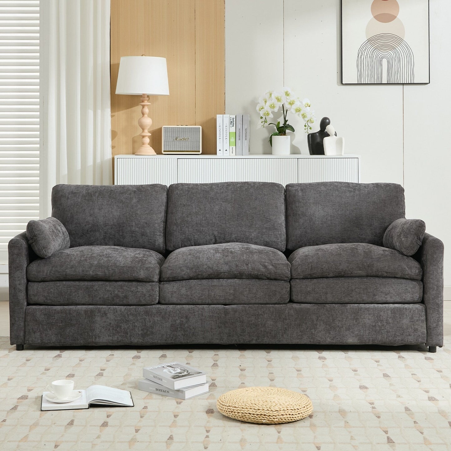 Modern Chenille Comfy Upholstered 3-Seat Sofa, Comfy Cloud 3-seater Sofa w2 Lumbar Pillow Plush Cushion Sofa Couch