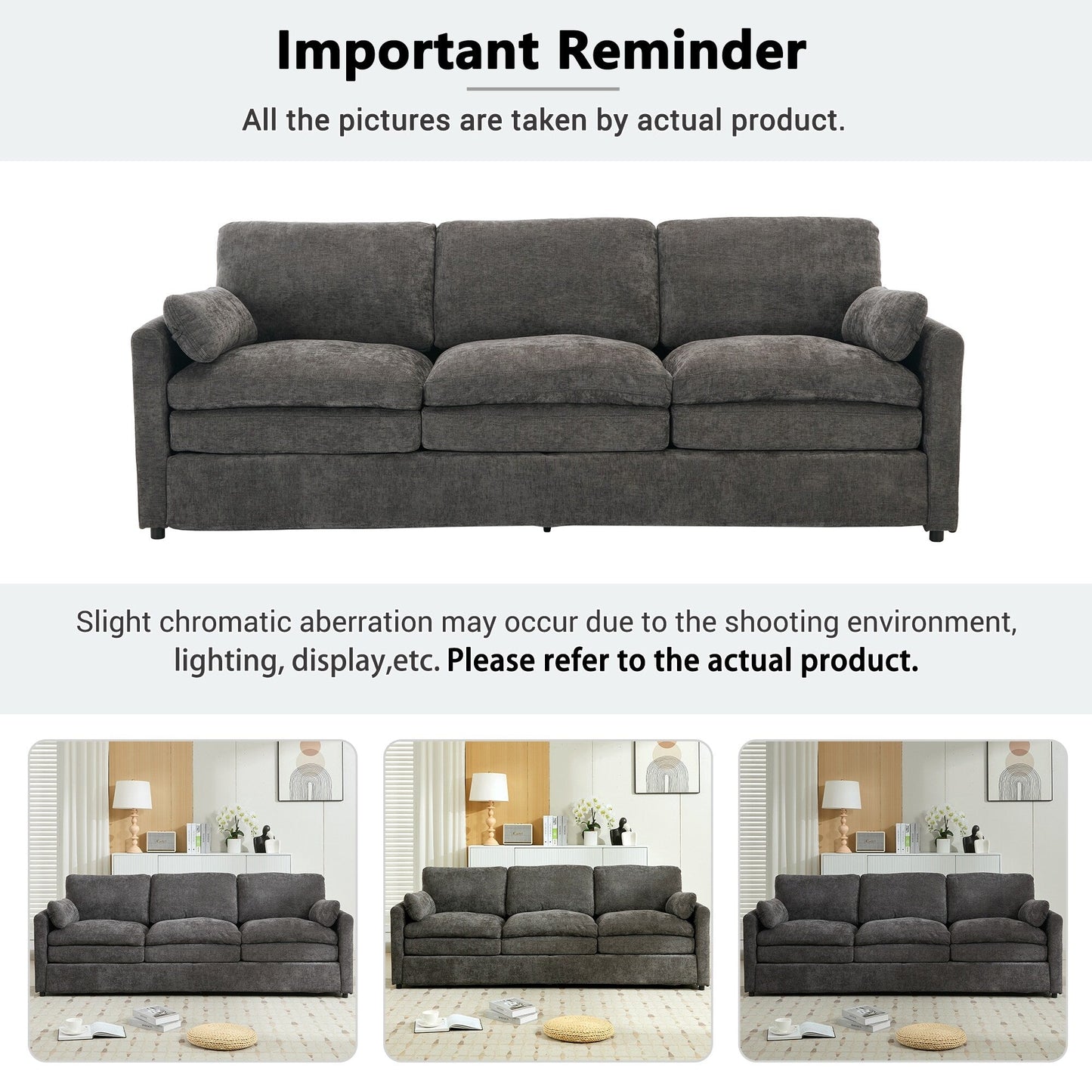 Modern Chenille Comfy Upholstered 3-Seat Sofa, Comfy Cloud 3-seater Sofa w2 Lumbar Pillow Plush Cushion Sofa Couch