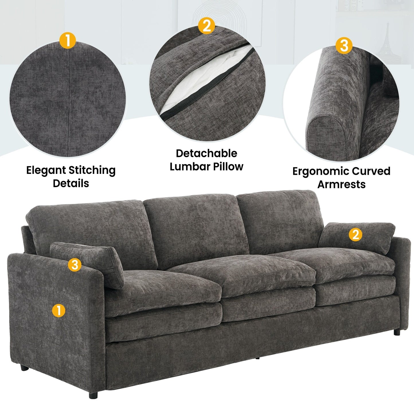 Modern Chenille Comfy Upholstered 3-Seat Sofa, Comfy Cloud 3-seater Sofa w2 Lumbar Pillow Plush Cushion Sofa Couch