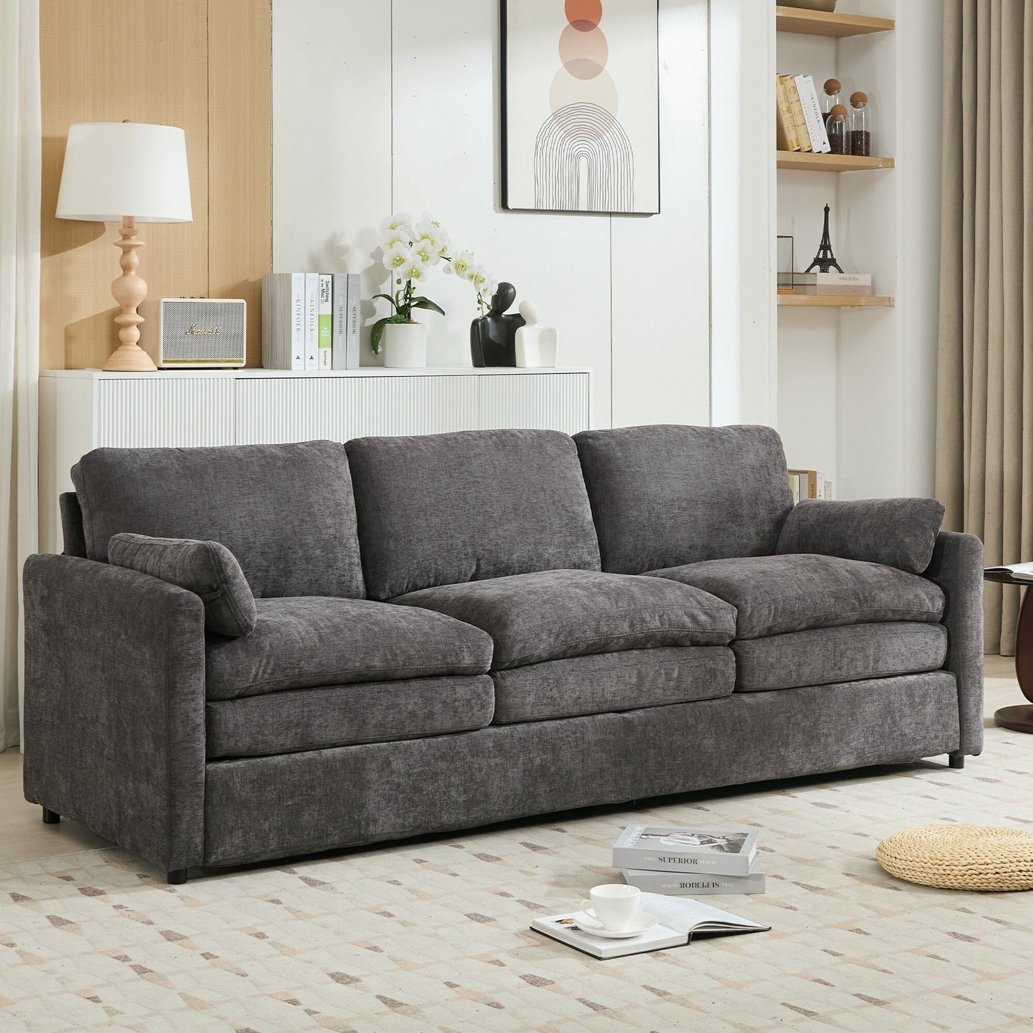 Modern Chenille Comfy Upholstered 3-Seat Sofa, Comfy Cloud 3-seater Sofa w2 Lumbar Pillow Plush Cushion Sofa Couch