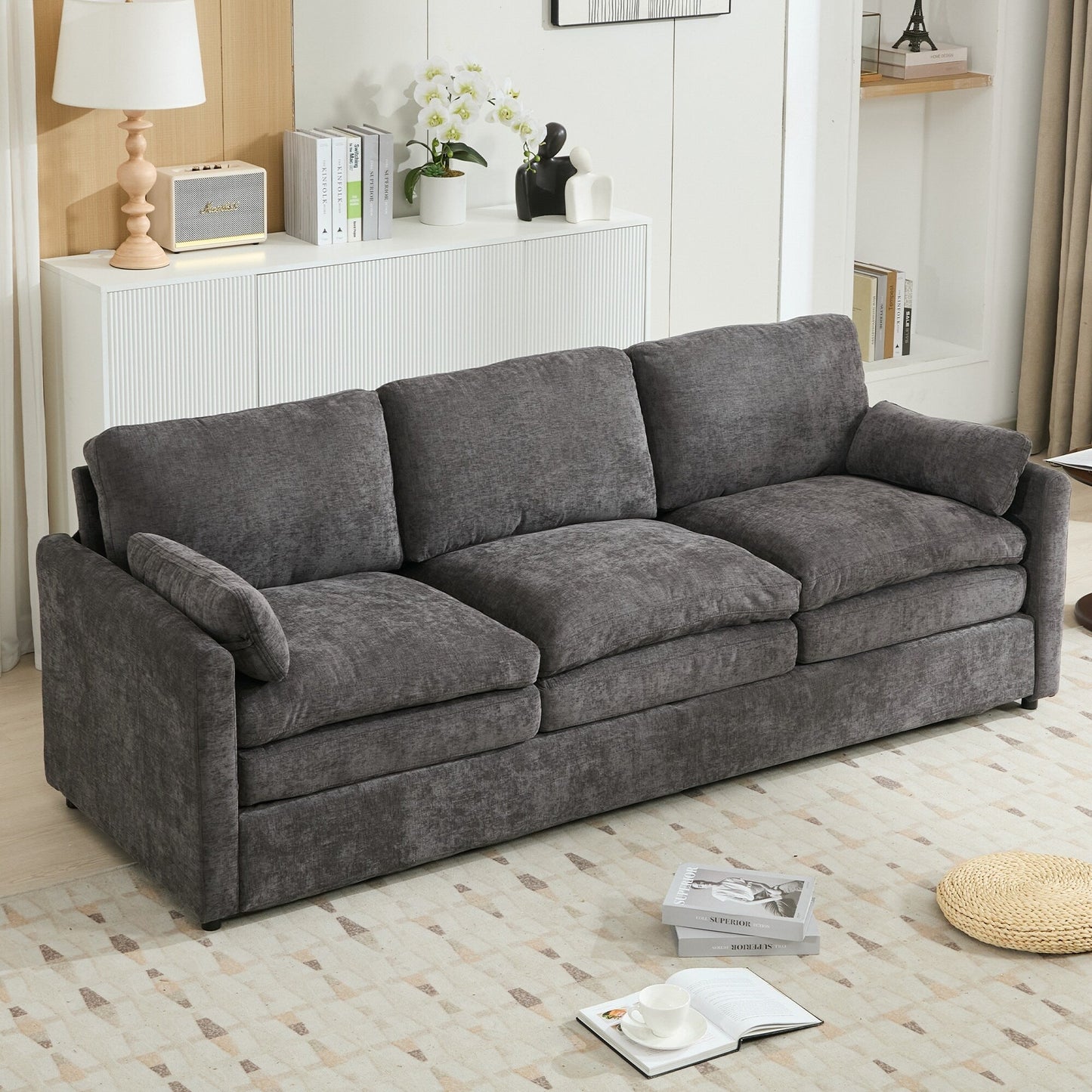Modern Chenille Comfy Upholstered 3-Seat Sofa, Comfy Cloud 3-seater Sofa w2 Lumbar Pillow Plush Cushion Sofa Couch