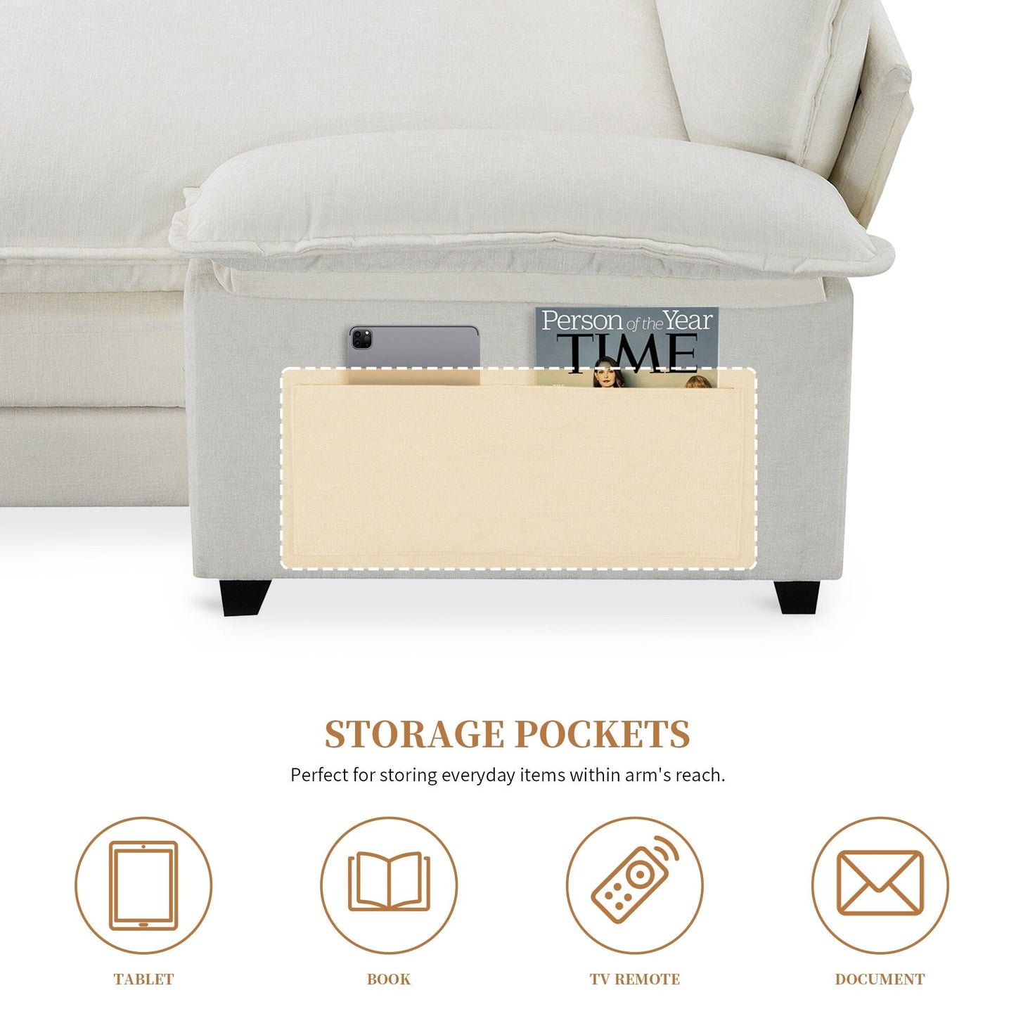 Modern Chenille Sectional Sofa With Double Cushions,Storage Pockets,Upholstered,L-Shaped Cloud Couch With Reversible Chaise