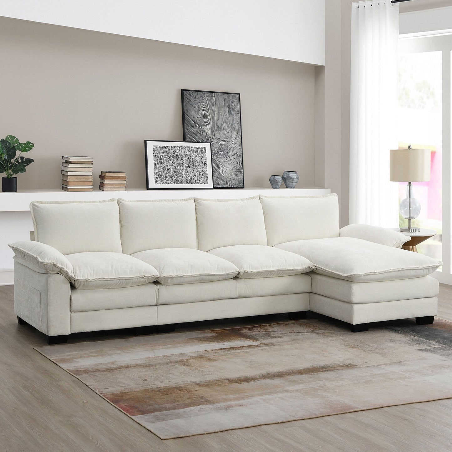 Modern Chenille Sectional Sofa With Double Cushions,Storage Pockets,Upholstered,L-Shaped Cloud Couch With Reversible Chaise