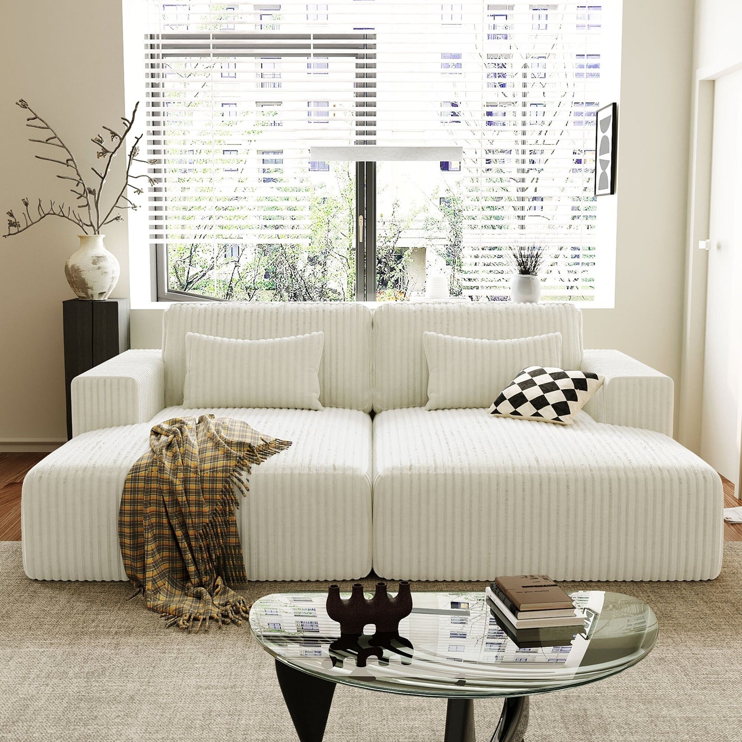 Modern Convertible Corduroy Loveseat Sofa Bed Wide Armrest Sofa with 2 Pillows for Living Room Apartment