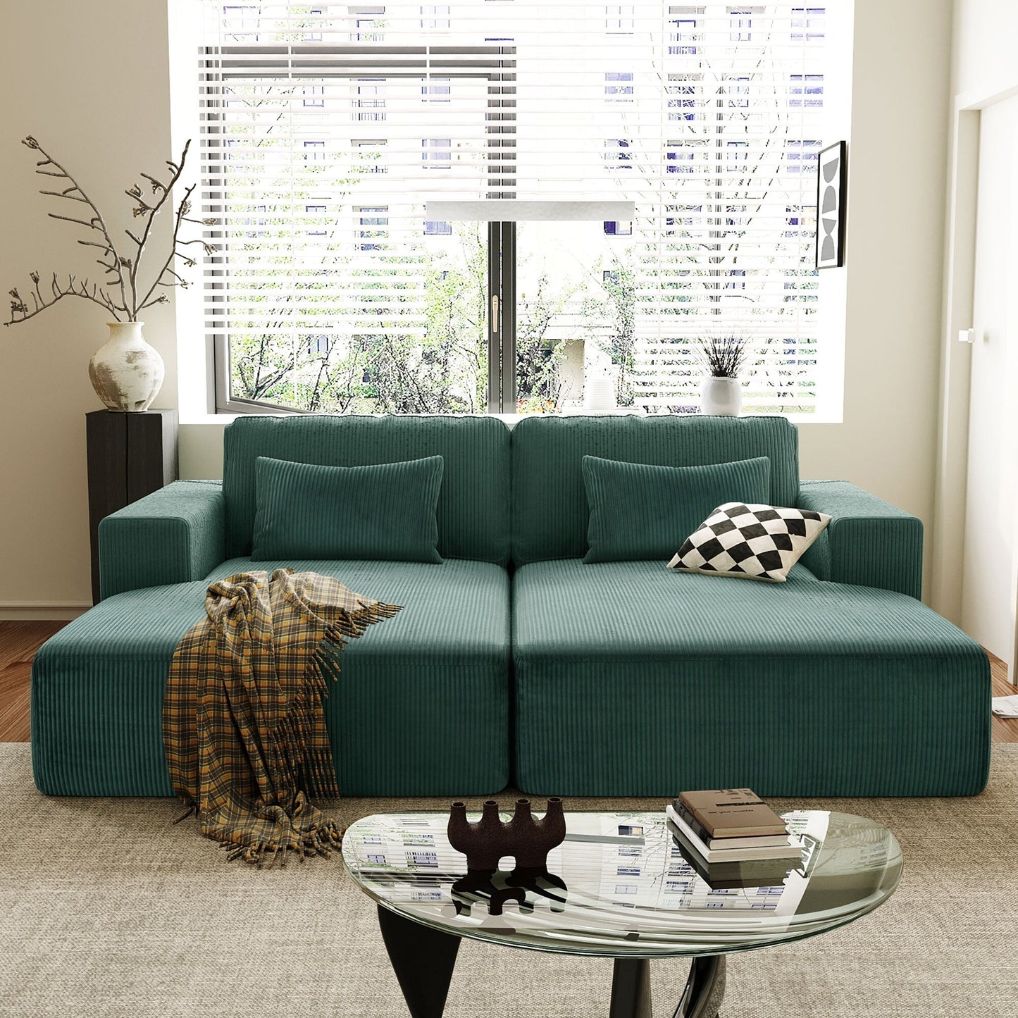 Modern Convertible Corduroy Loveseat Sofa Bed Wide Armrest Sofa with 2 Pillows for Living Room Apartment