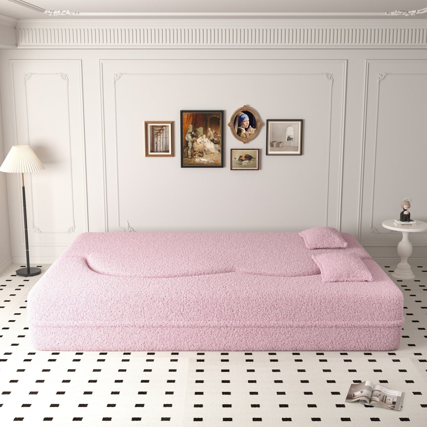 Modern Convertible Teddy Fabric Foam-Filled Sleeper Sofa Bed with 2 Pillows