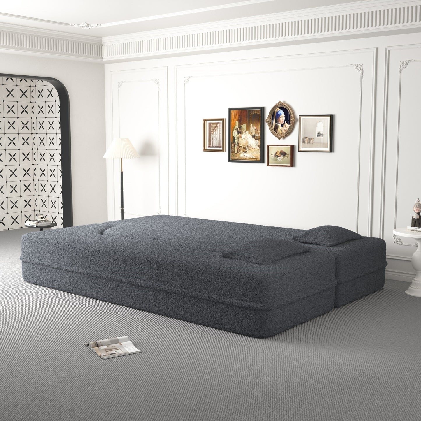 Modern Convertible Teddy Fabric Foam-Filled Sleeper Sofa Bed with 2 Pillows