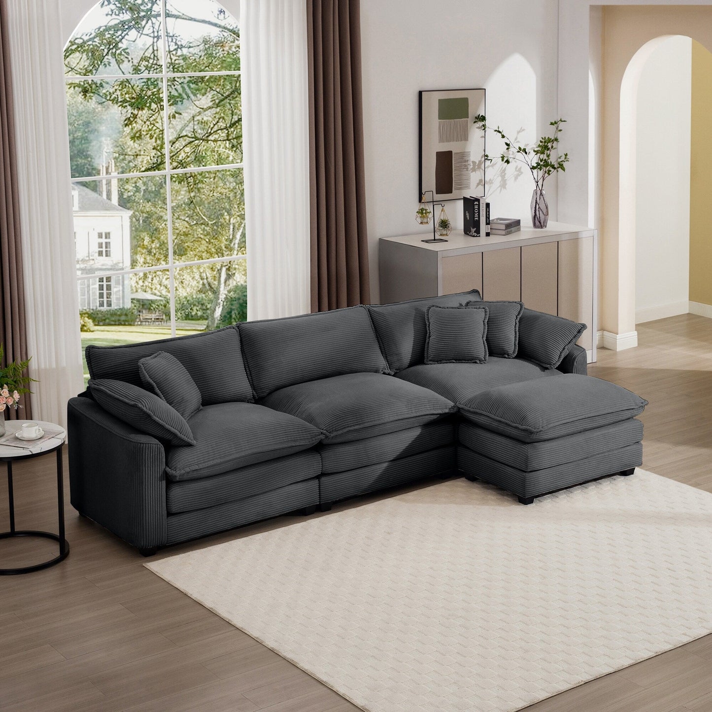 Modern Corduroy Modular Sectional Sofa Deep Seat 3-Seater Sofa Couch with Ottoman for Living Room