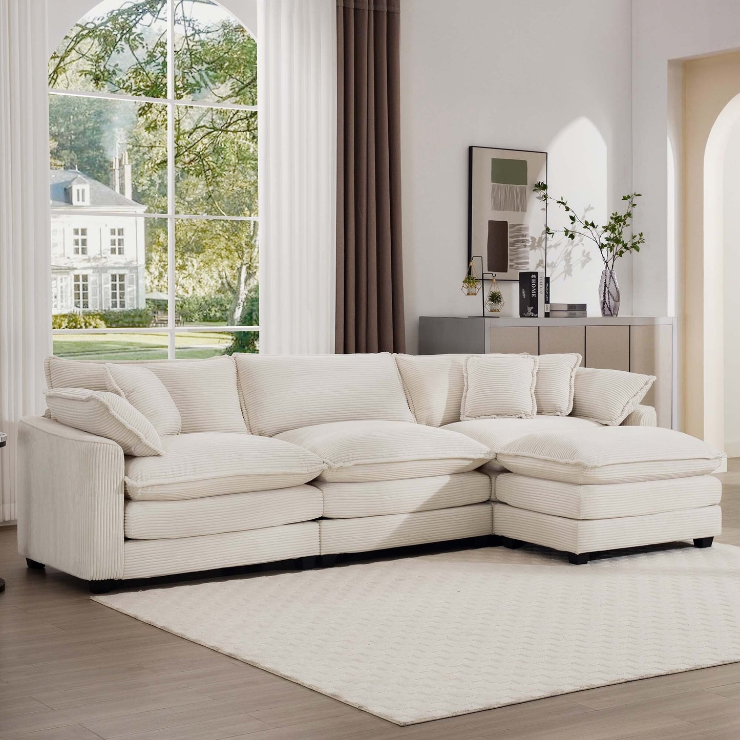 Modern Corduroy Modular Sectional Sofa Deep Seat 3-Seater Sofa Couch with Ottoman for Living Room