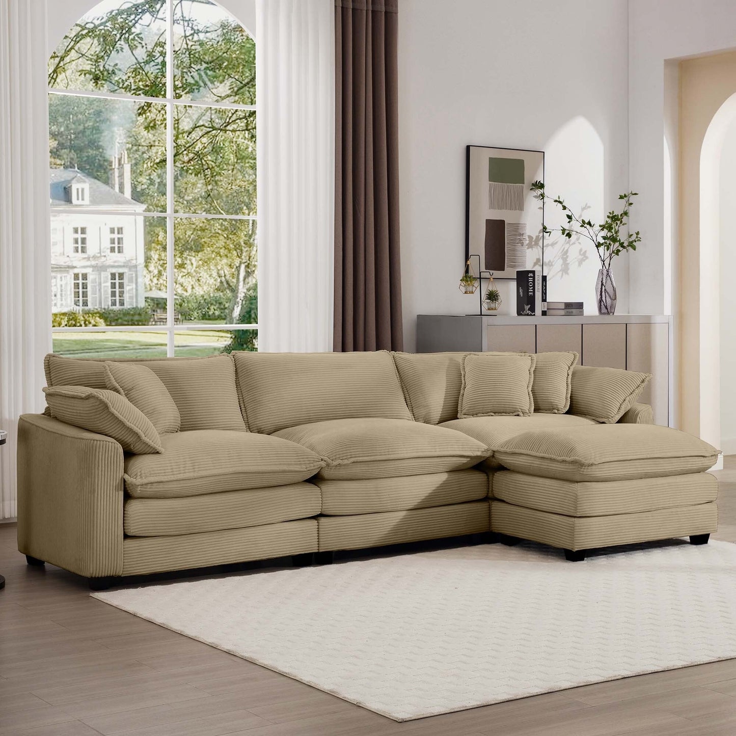 Modern Corduroy Modular Sectional Sofa Deep Seat 3-Seater Sofa Couch with Ottoman for Living Room