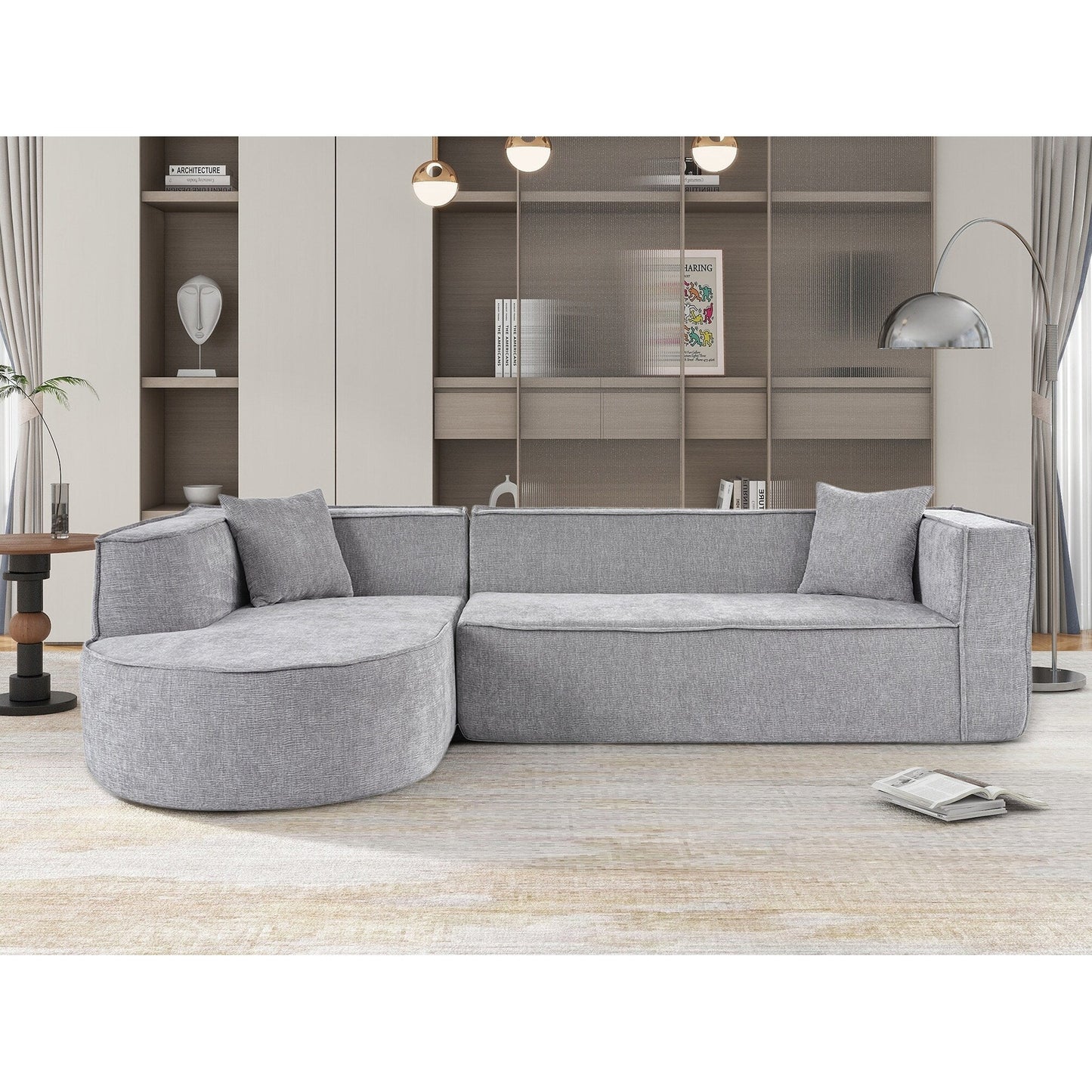 Modern Curved Chenille Sectional Sofa Modular L-Shaped Couch with 2 Pillows for Living Room Study