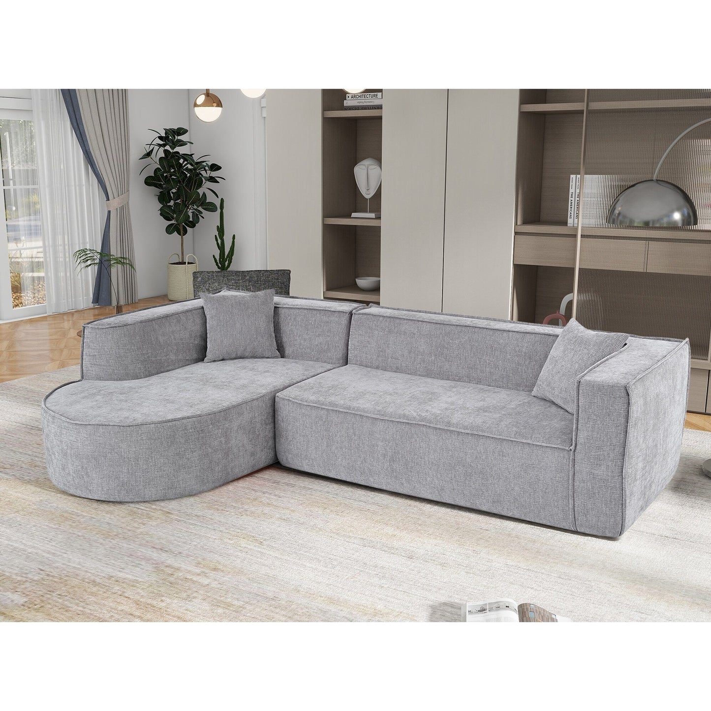 Modern Curved Chenille Sectional Sofa Modular L-Shaped Couch with 2 Pillows for Living Room Study