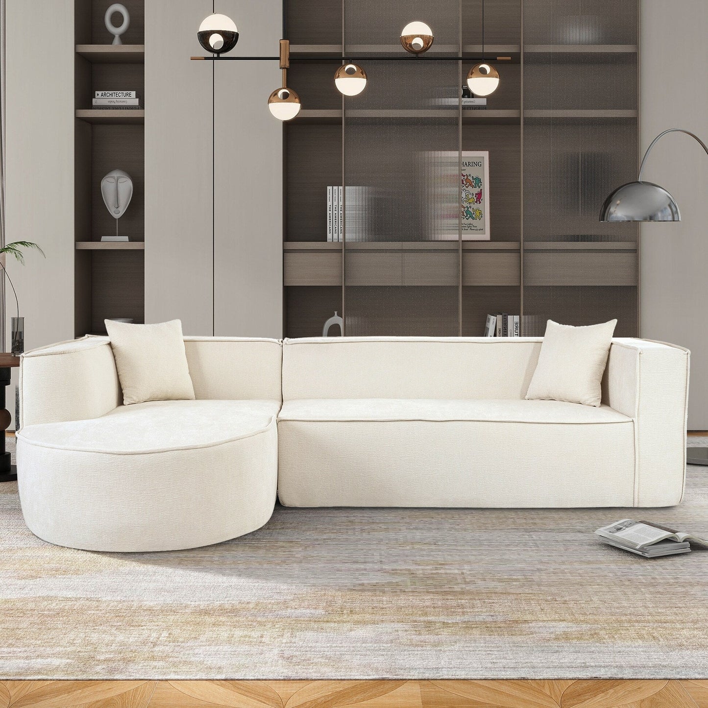 Modern Curved Chenille Sectional Sofa Modular L-Shaped Couch with 2 Pillows for Living Room Study