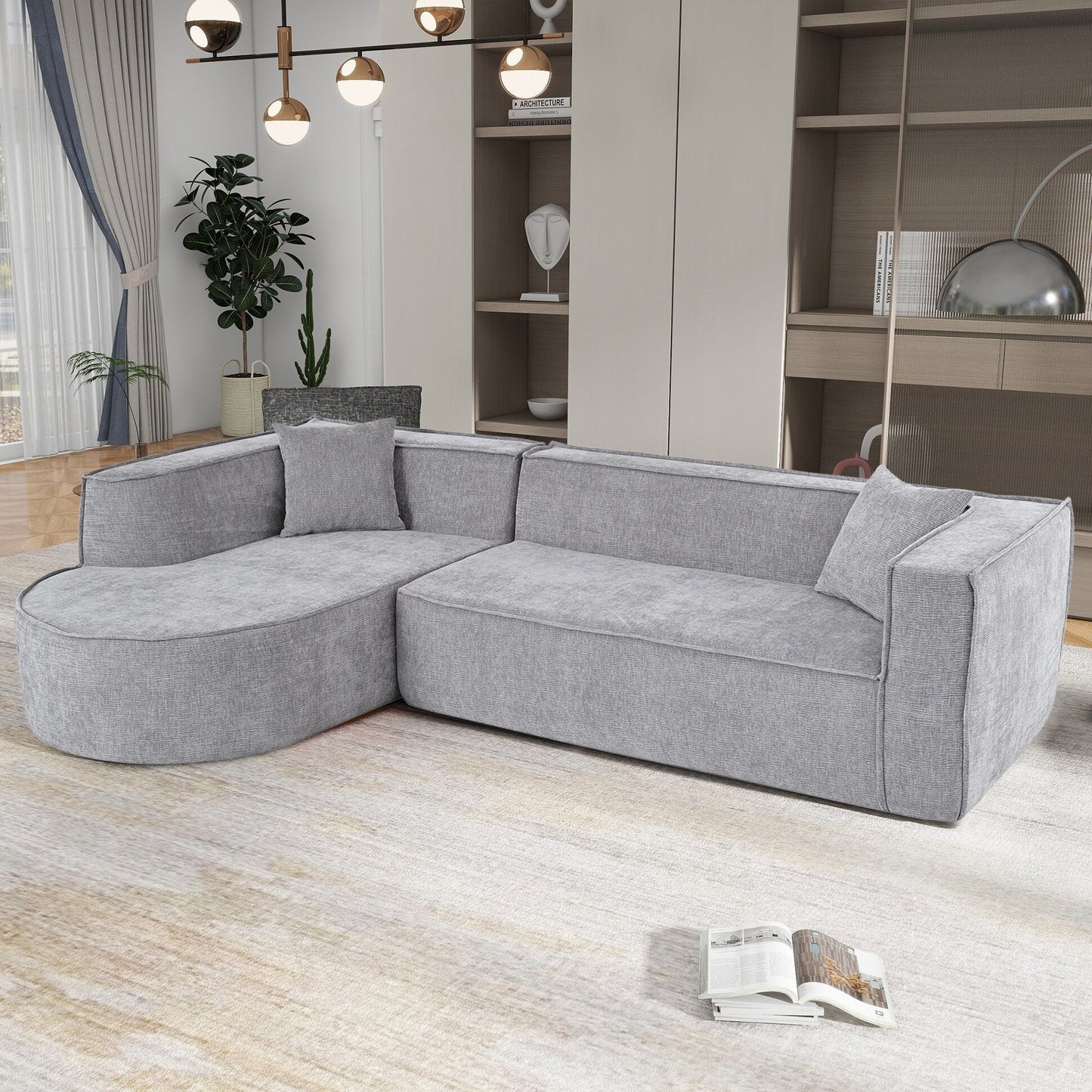 Modern Curved Chenille Sectional Sofa Modular L-Shaped Couch with 2 Pillows for Living Room Study