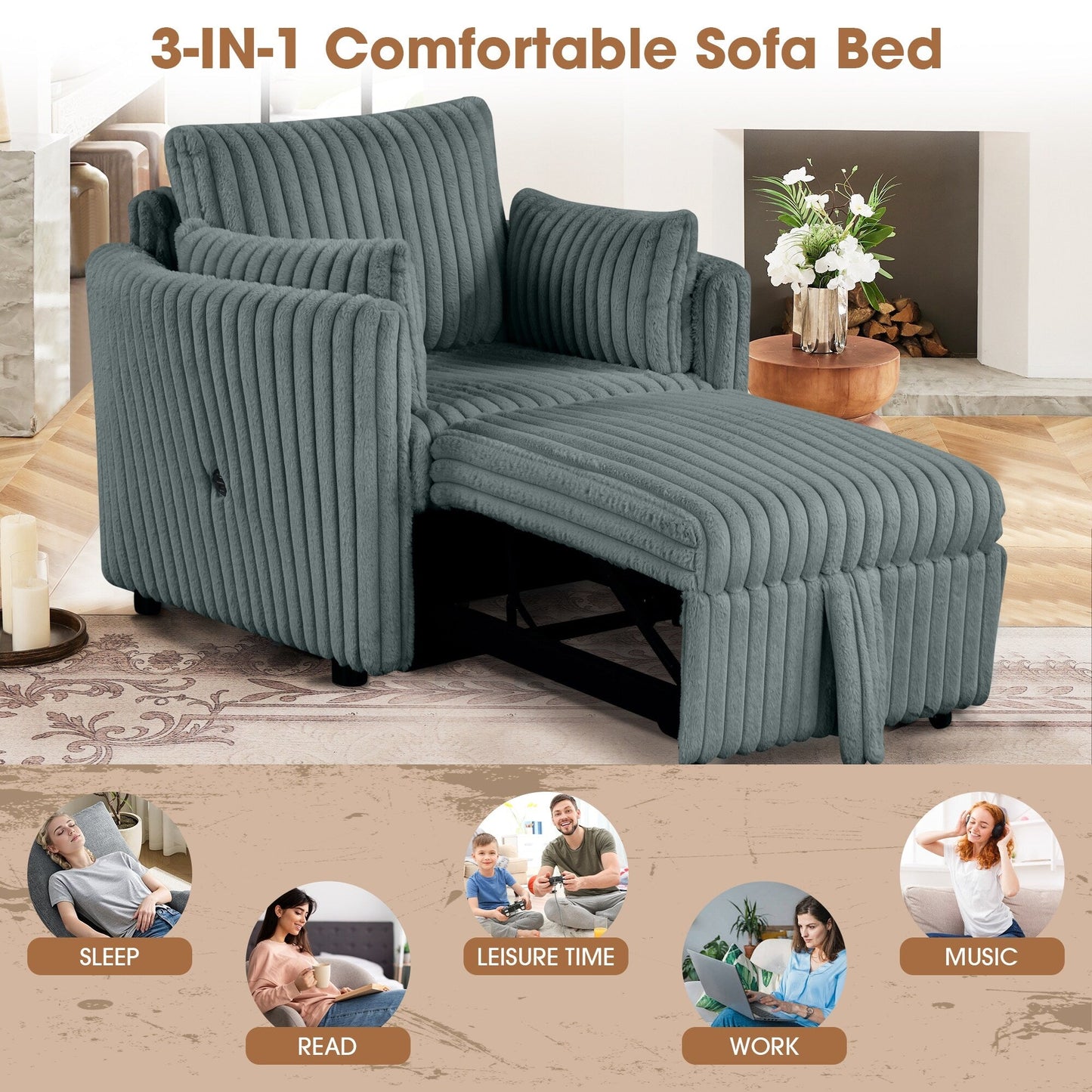 Modern Fabric Sleeper Single Sofa with USB and 2 pillows