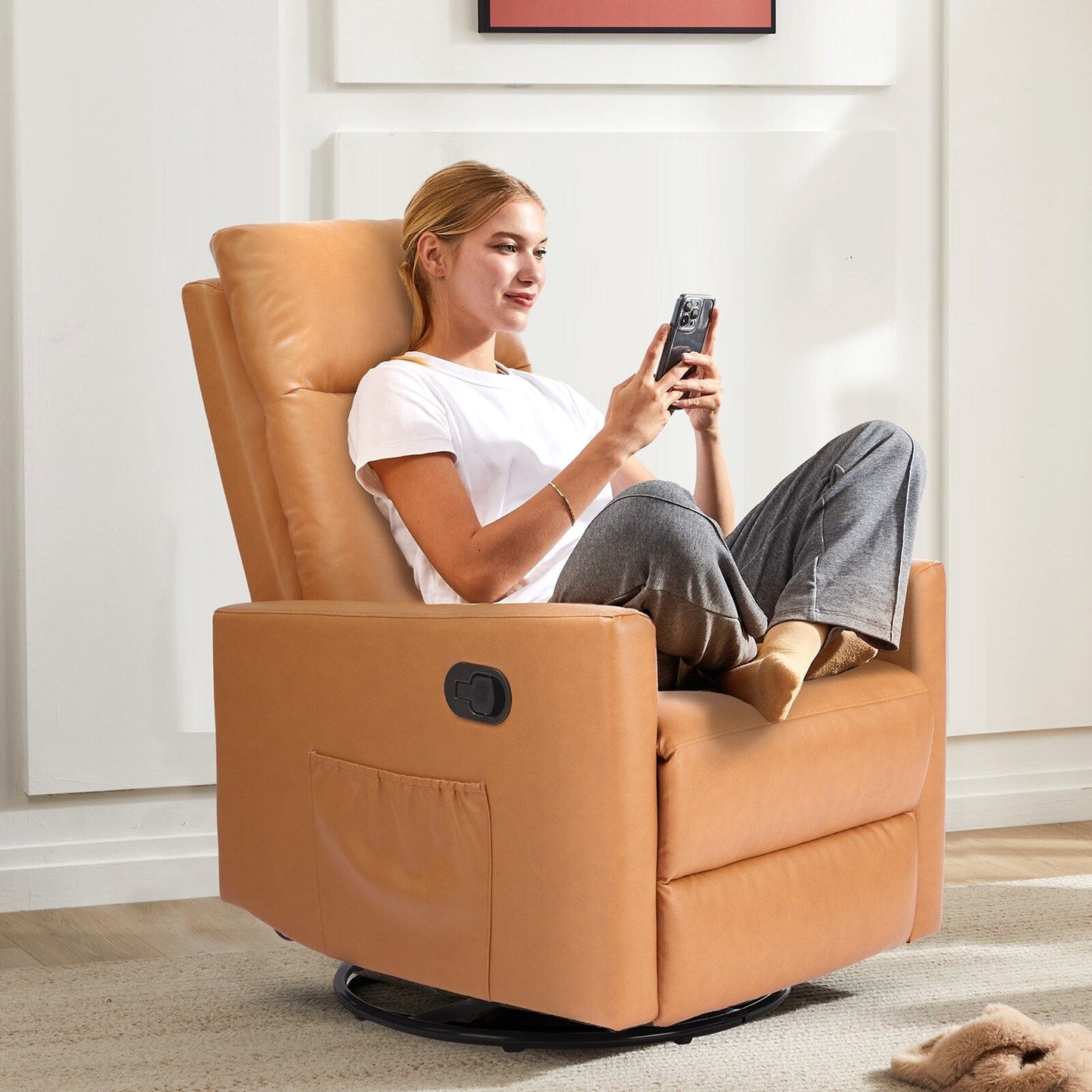 Modern Glider Rocker Chair Linen Upholstered Swivel Manual Recliner Chair High Back Single Sofa with Footrest