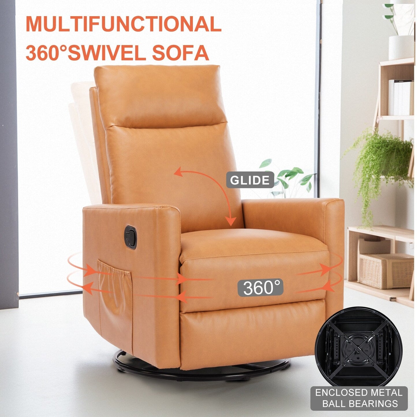 Modern Glider Rocker Chair Linen Upholstered Swivel Manual Recliner Chair High Back Single Sofa with Footrest