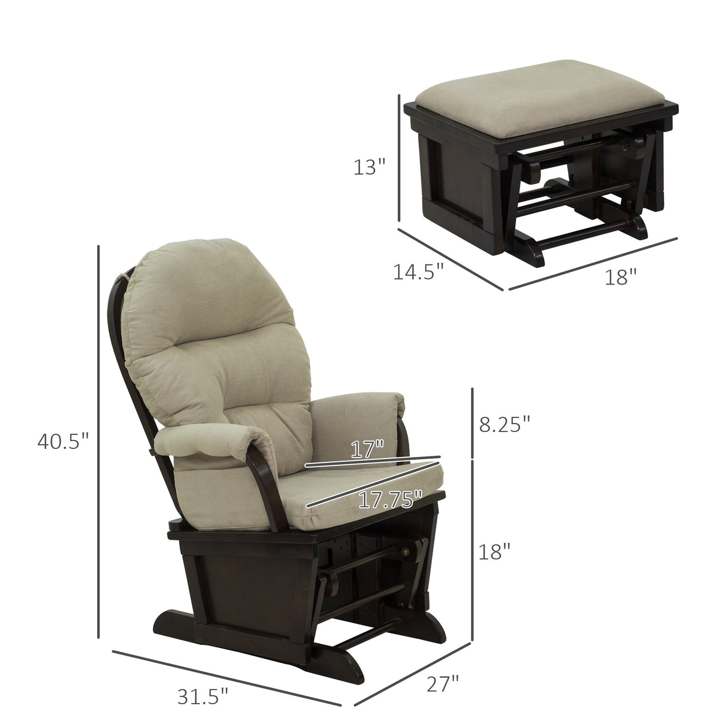Modern Glider Rocking Chair Linen Upholstery Armchair with Matching Ottoman, Overstuffed Cushioning and Wooden Base