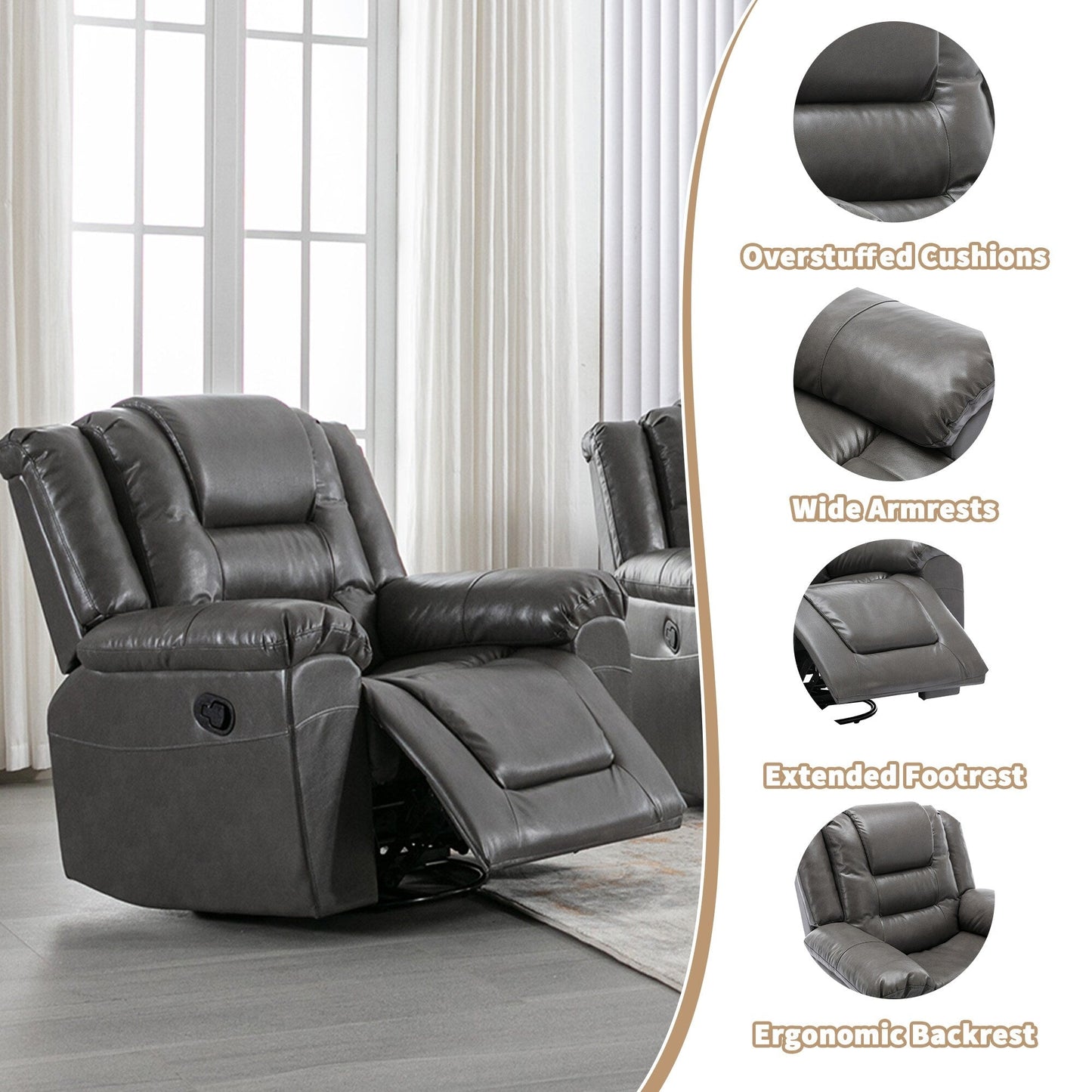 Modern Home Theater Swivel Manual Recliner, Single Sofa Rocking Chair with Wide Armrest and Waterproof Cushions