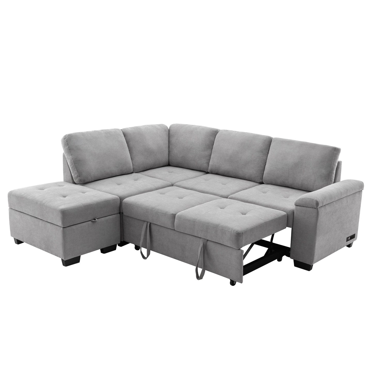 Modern L Shaped Velvet Couch Sleeper, Corner Sectional Sofa Bed with Storage Ottoman & Hidden Arm Storage & USB Charge