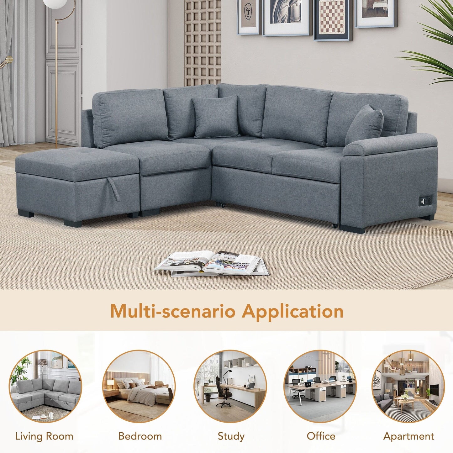 Modern L Shaped Velvet Couch Sleeper, Corner Sectional Sofa Bed with Storage Ottoman & Hidden Arm Storage & USB Charge