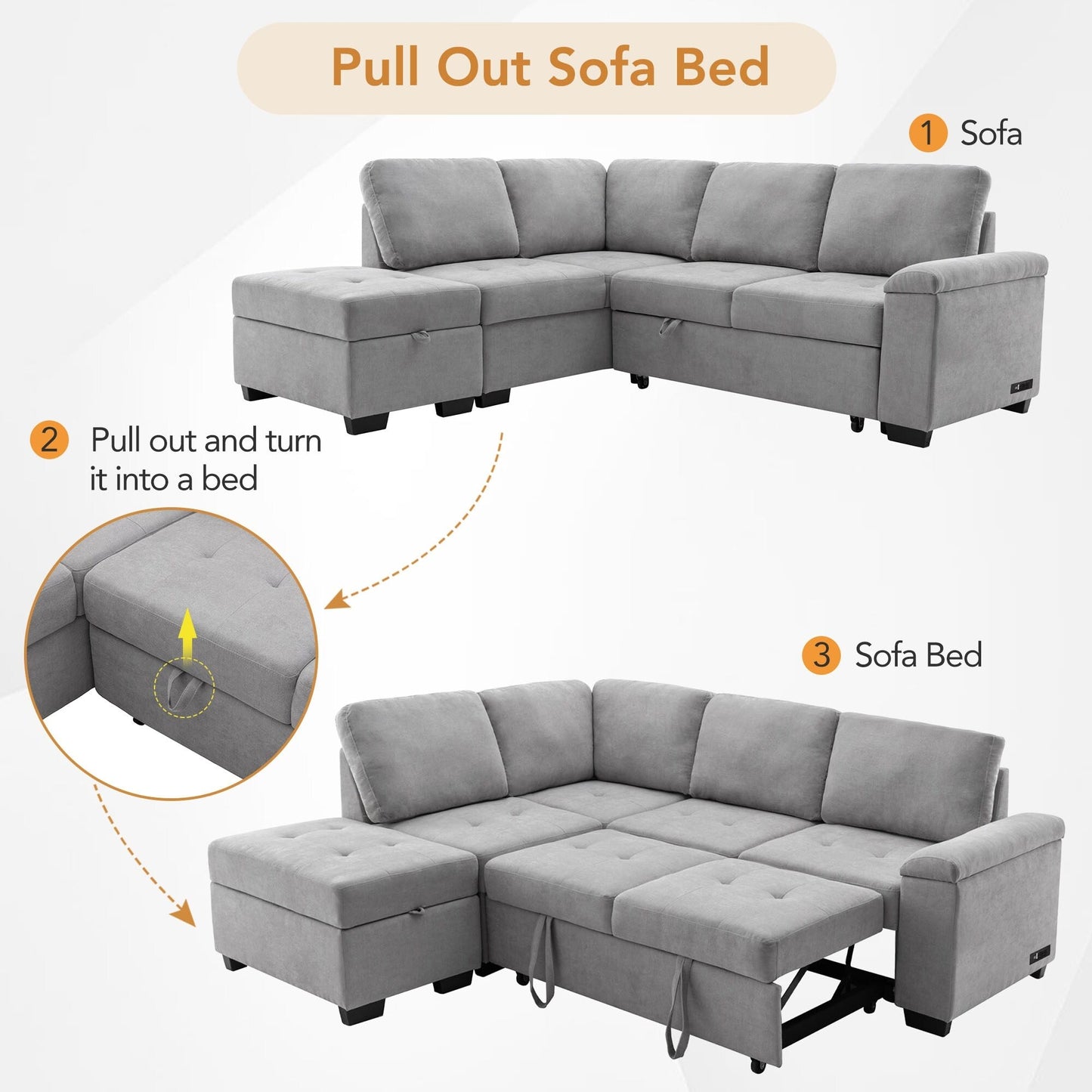Modern L Shaped Velvet Couch Sleeper, Corner Sectional Sofa Bed with Storage Ottoman & Hidden Arm Storage & USB Charge