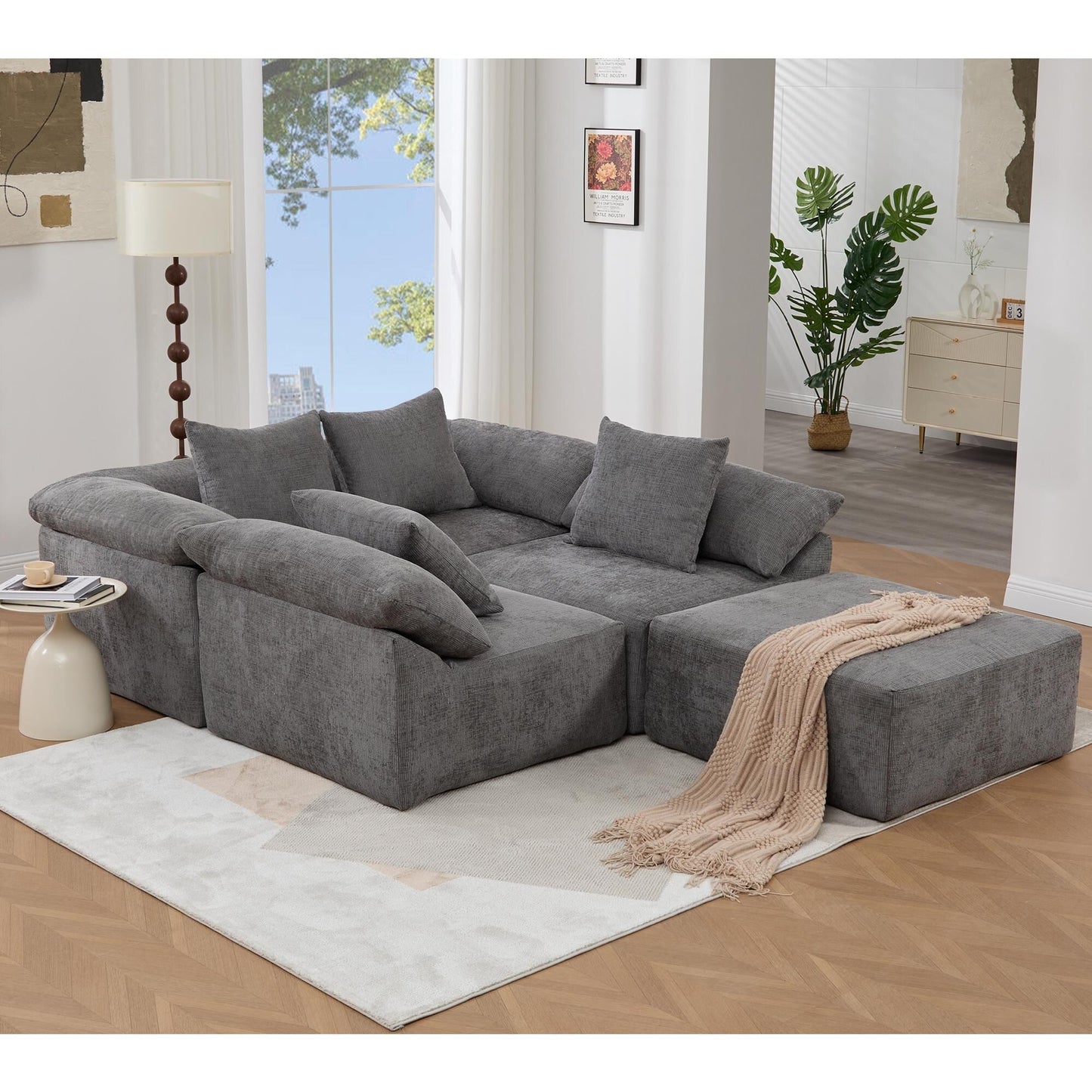 Modular 5-Piece Sectional Sofa Convertible Sleeper Couch with Ottoman and Pillows for Living Room