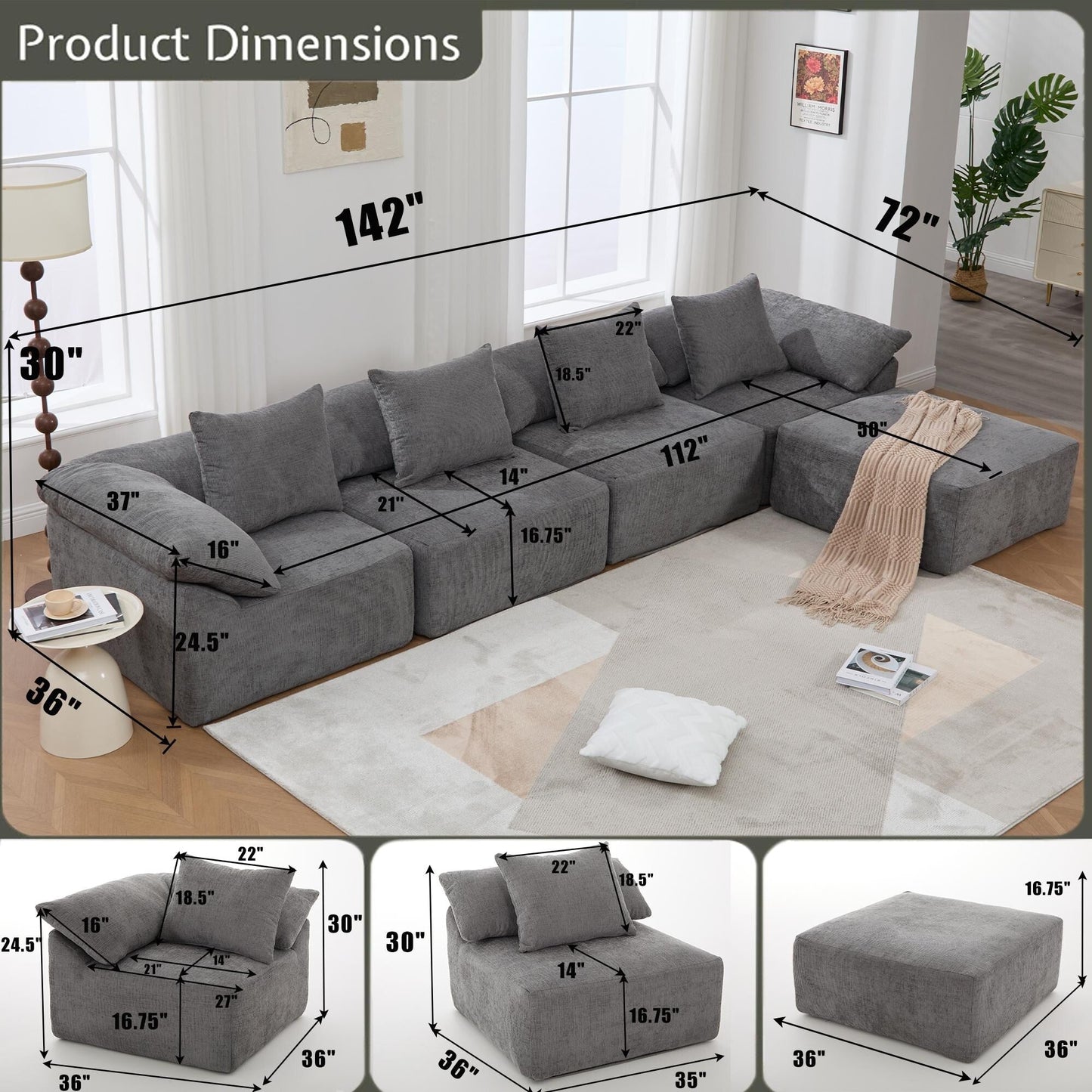 Modular 5-Piece Sectional Sofa Convertible Sleeper Couch with Ottoman and Pillows for Living Room