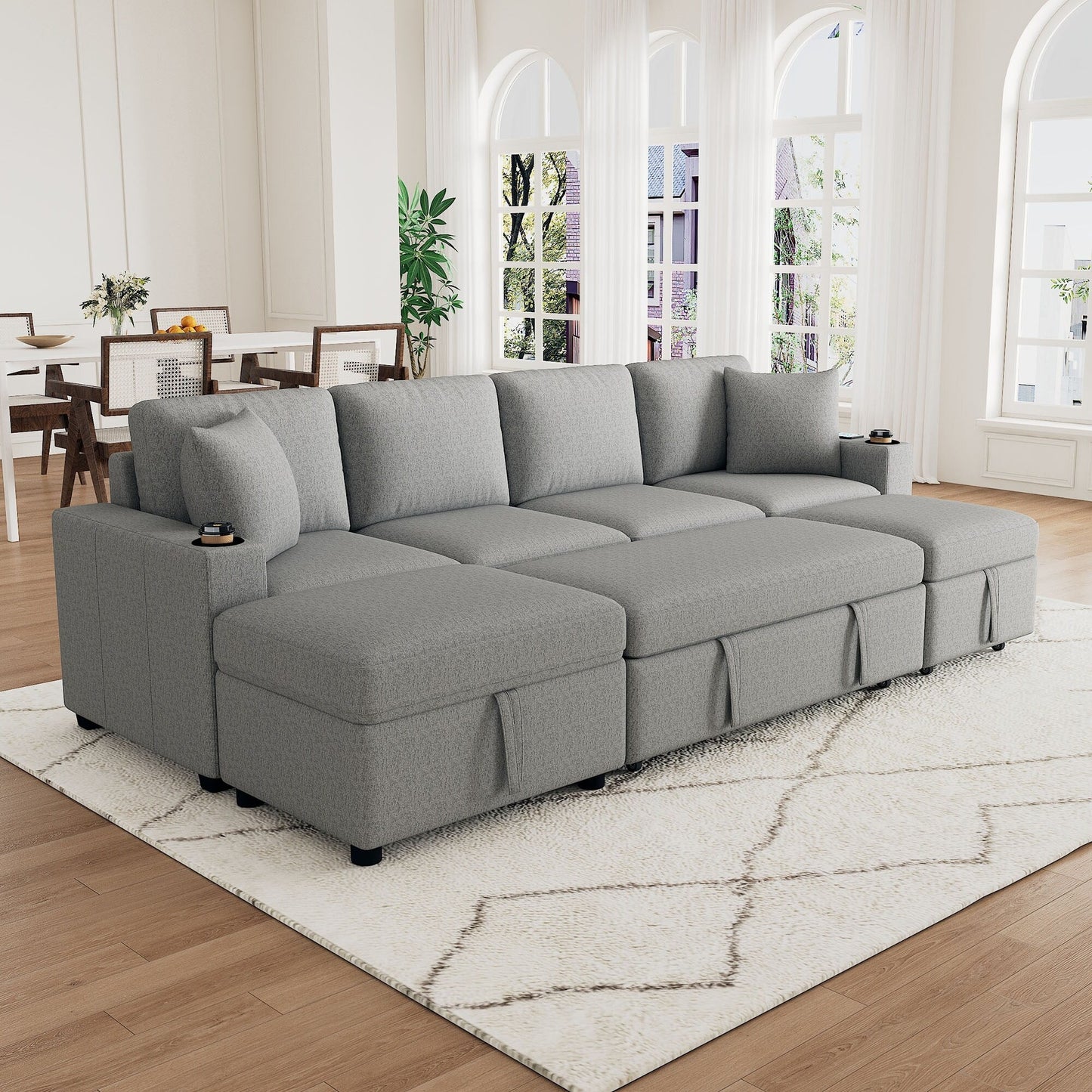 Modular Chenille Pull-Out Sleeper Sofa with Movable Storage Ottoman and USB Ports for Living Room