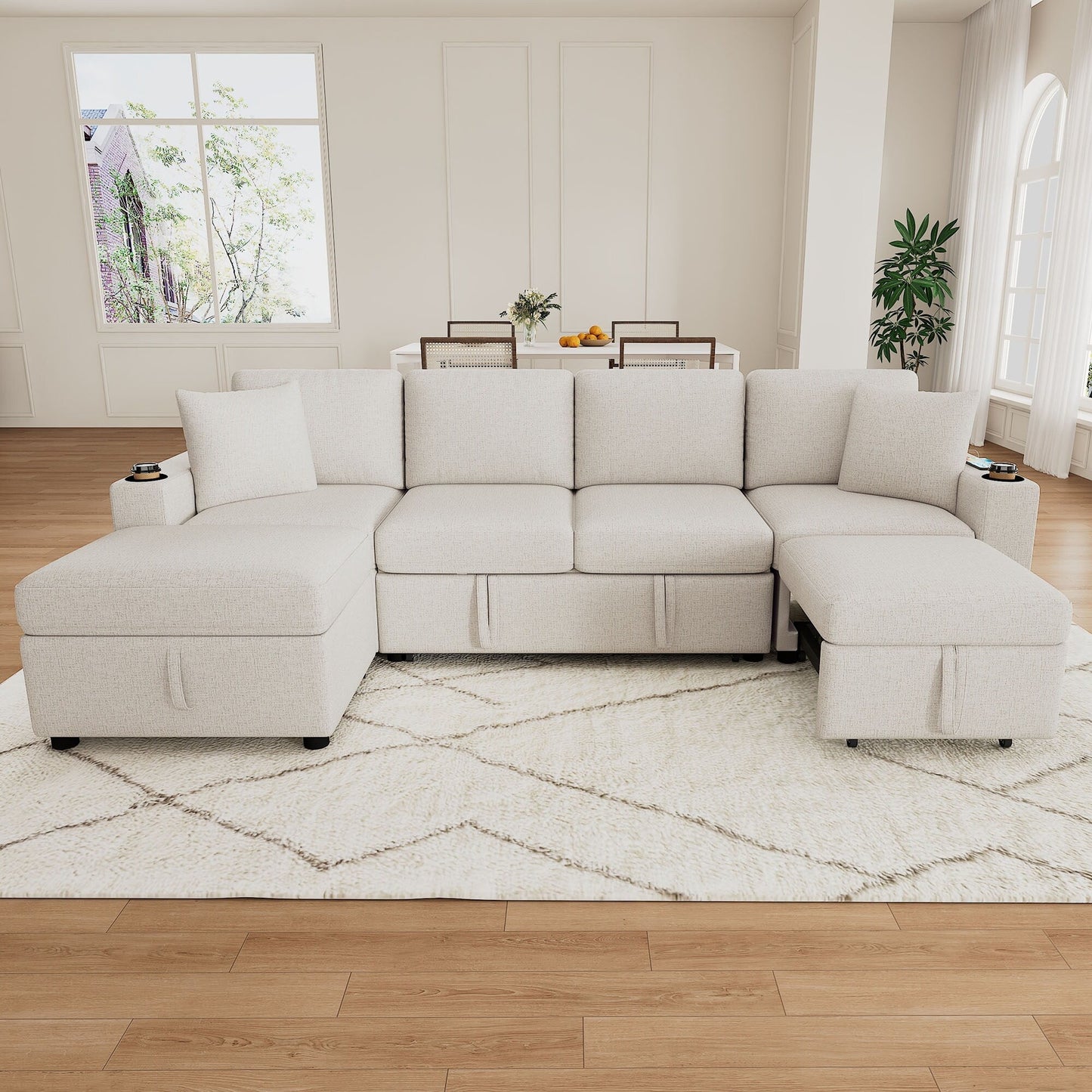 Modular Chenille Pull-Out Sleeper Sofa with Movable Storage Ottoman and USB Ports for Living Room