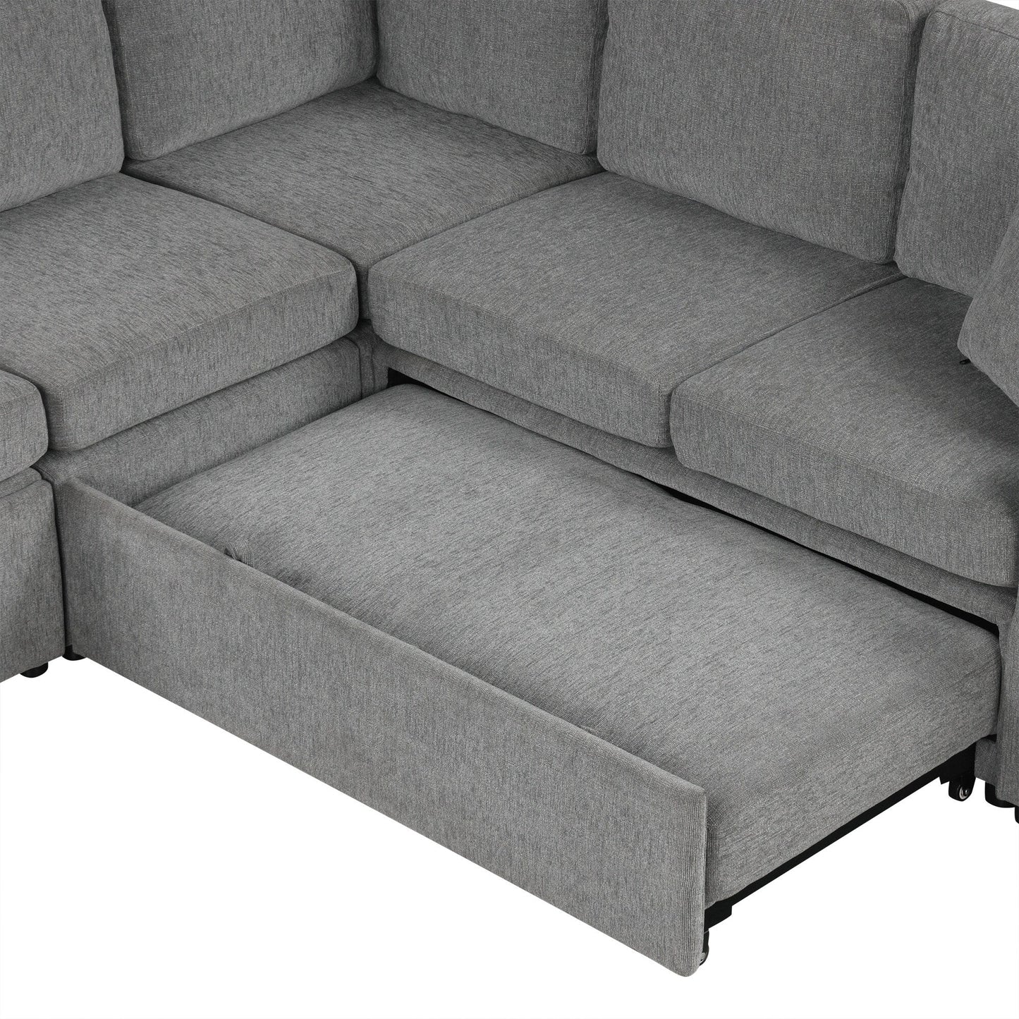 Modular Chenille Pull-Out Sleeper Sofa with Movable Storage Ottoman and USB Ports for Living Room