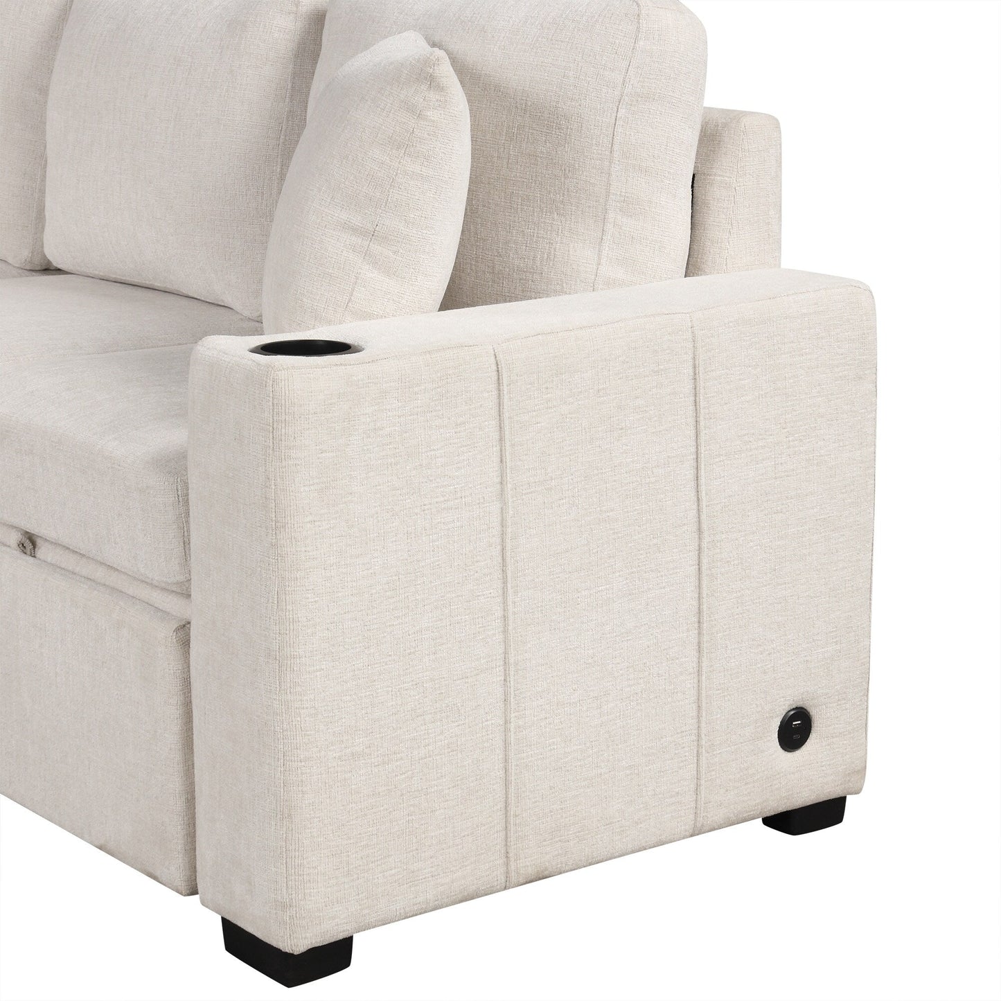 Modular Chenille Pull-Out Sleeper Sofa with Movable Storage Ottoman and USB Ports for Living Room
