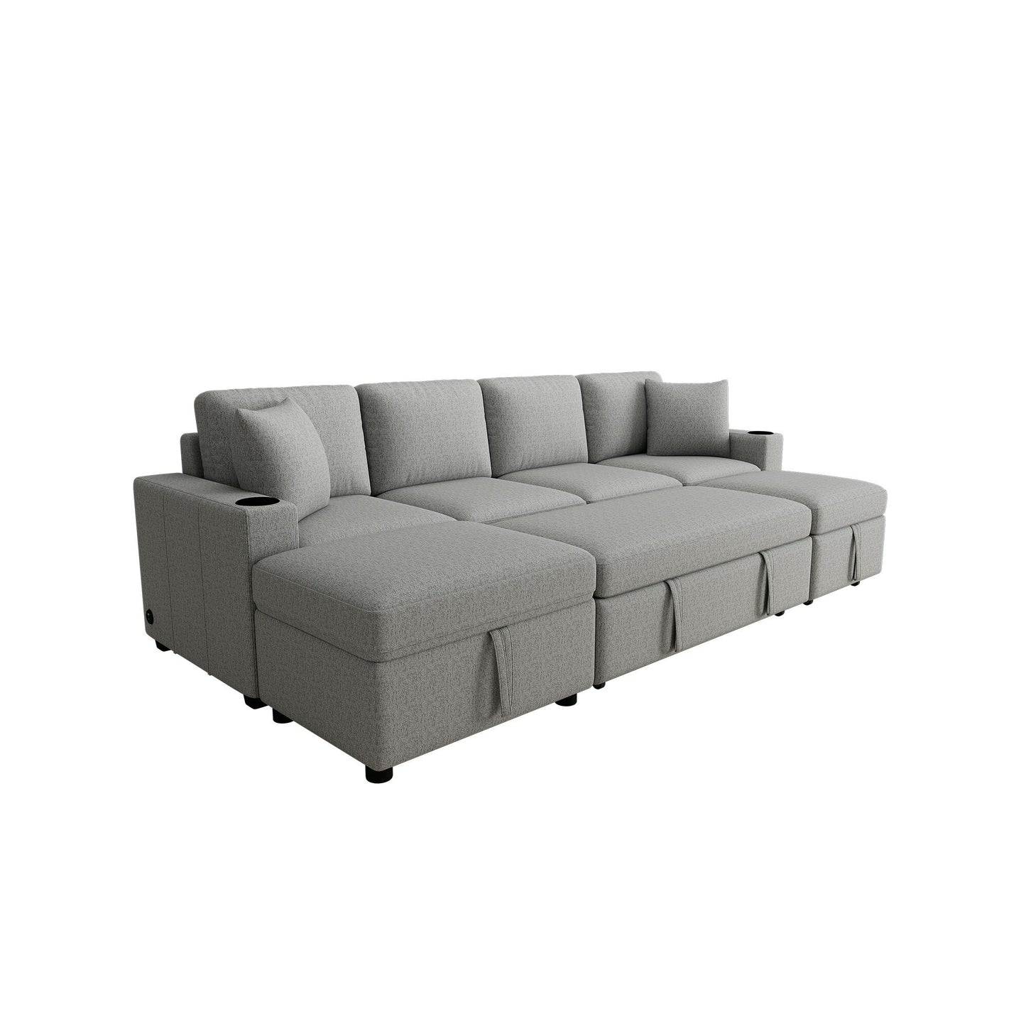 Modular Chenille Pull-Out Sleeper Sofa with Movable Storage Ottoman and USB Ports for Living Room