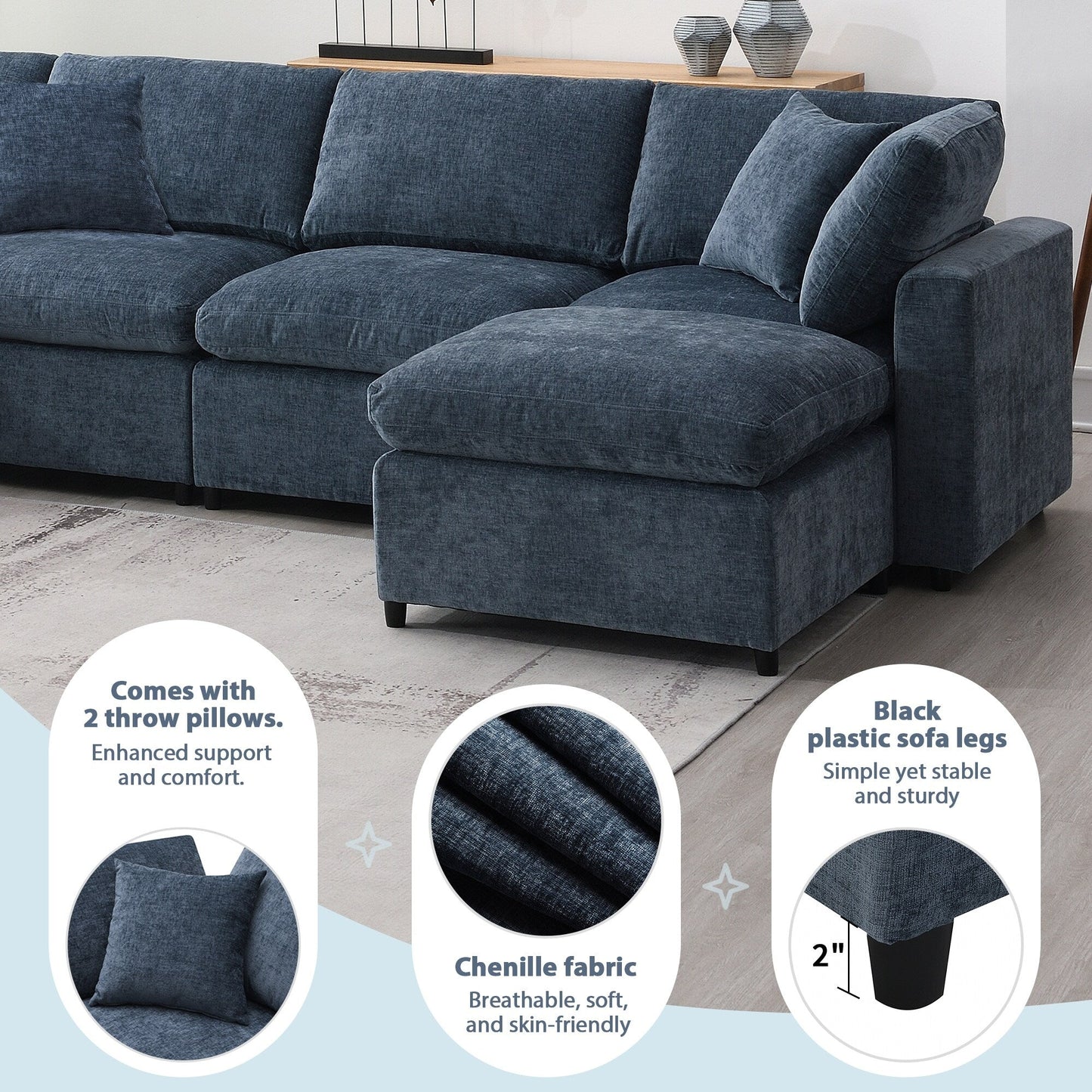 Modular Cloud Sofa Bed,Chenille Sectional Couch Set With Ottoman,Free Combination,Convertible U Shaped Sleeper Sofa