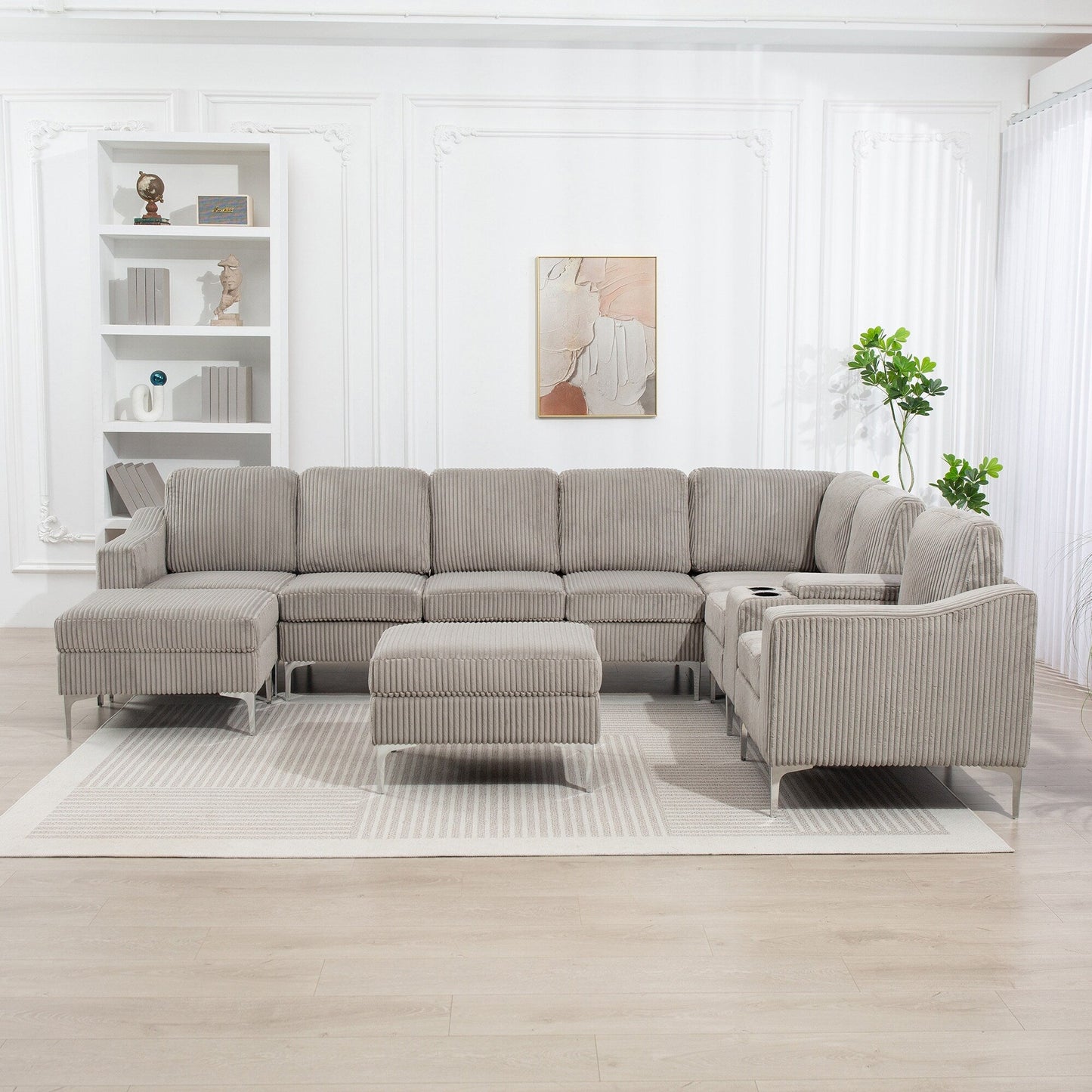 Modular Corduroy Sectional Sofa Convertible 6-Seat Couch with USB Ports, Storage Ottomans and Cup Holder for Living Room