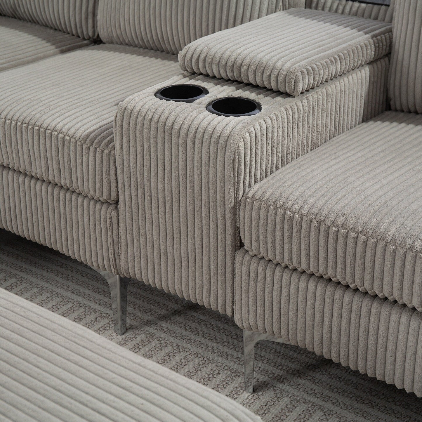 Modular Corduroy Sectional Sofa Convertible 6-Seat Couch with USB Ports, Storage Ottomans and Cup Holder for Living Room